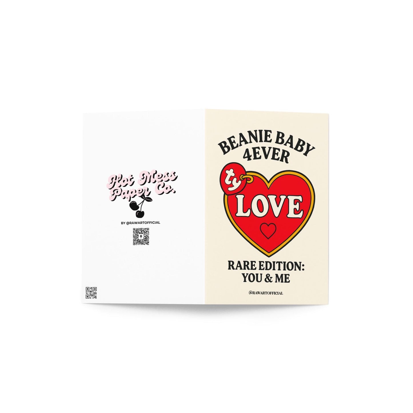 Retro Valentine card featuring a red heart tag that says “Love” with text “Beanie Baby 4Ever – Rare Edition: You & Me.”
