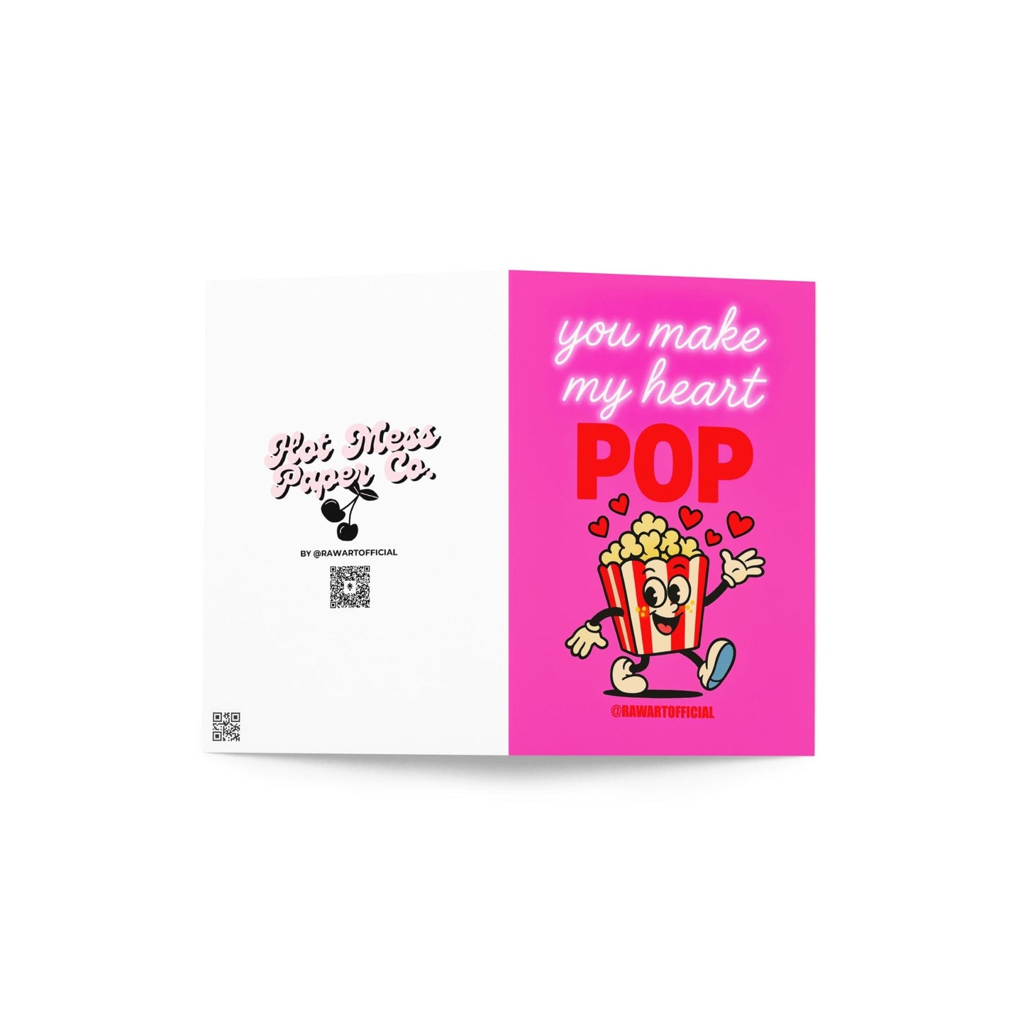 Retro cartoon popcorn box with hearts and neon pink text reads “You Make My Heart Pop” on a hot-pink background.