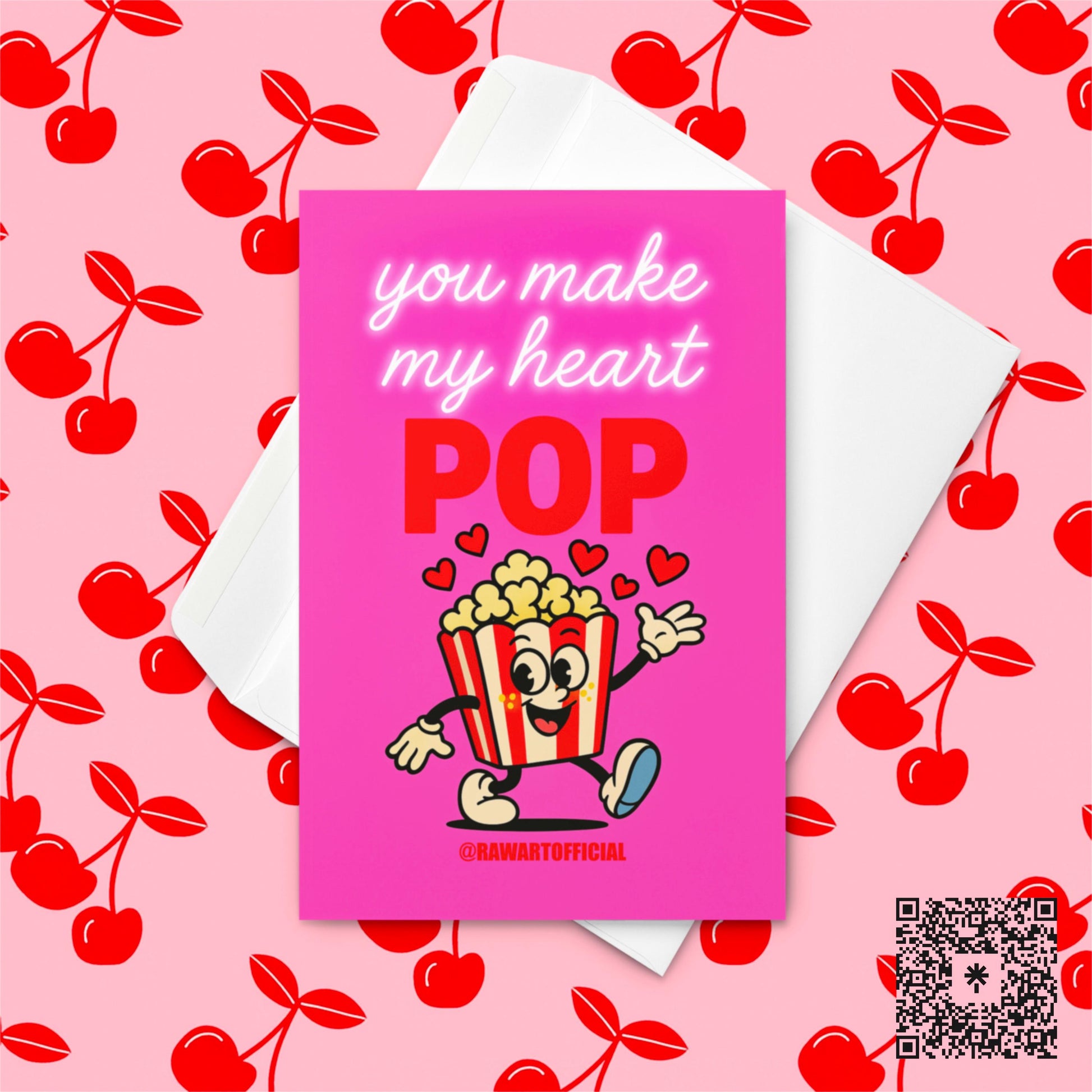 Retro cartoon popcorn box with hearts and neon pink text reads “You Make My Heart Pop” on a hot-pink background.
