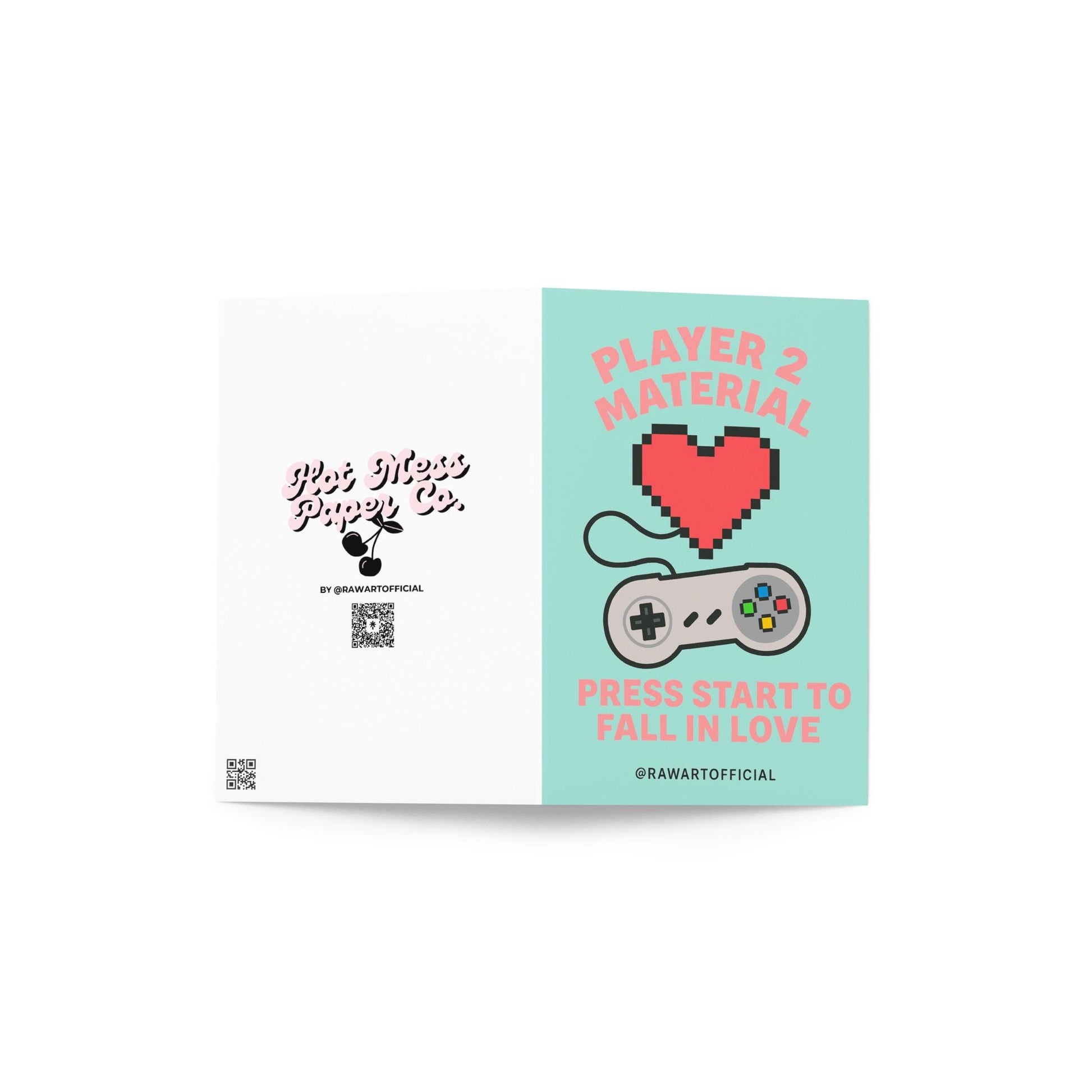 Funny retro Valentine card with a pixelated red heart and game controller reading “Player 2 Material – Press Start to Fall in Love.”