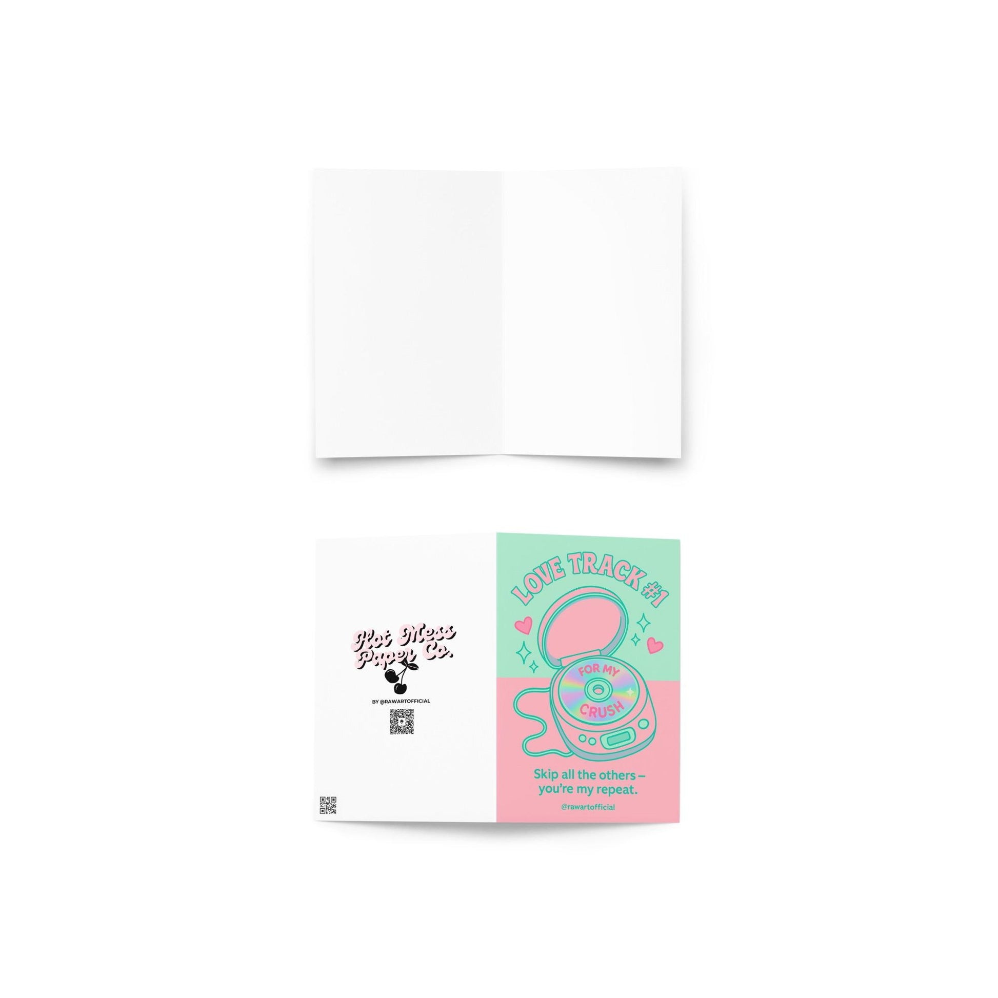 Retro Valentine card with a pastel pink CD player and disc reading “For My Crush,” captioned “Love Track #1 – Skip all the others, you’re my repeat.”