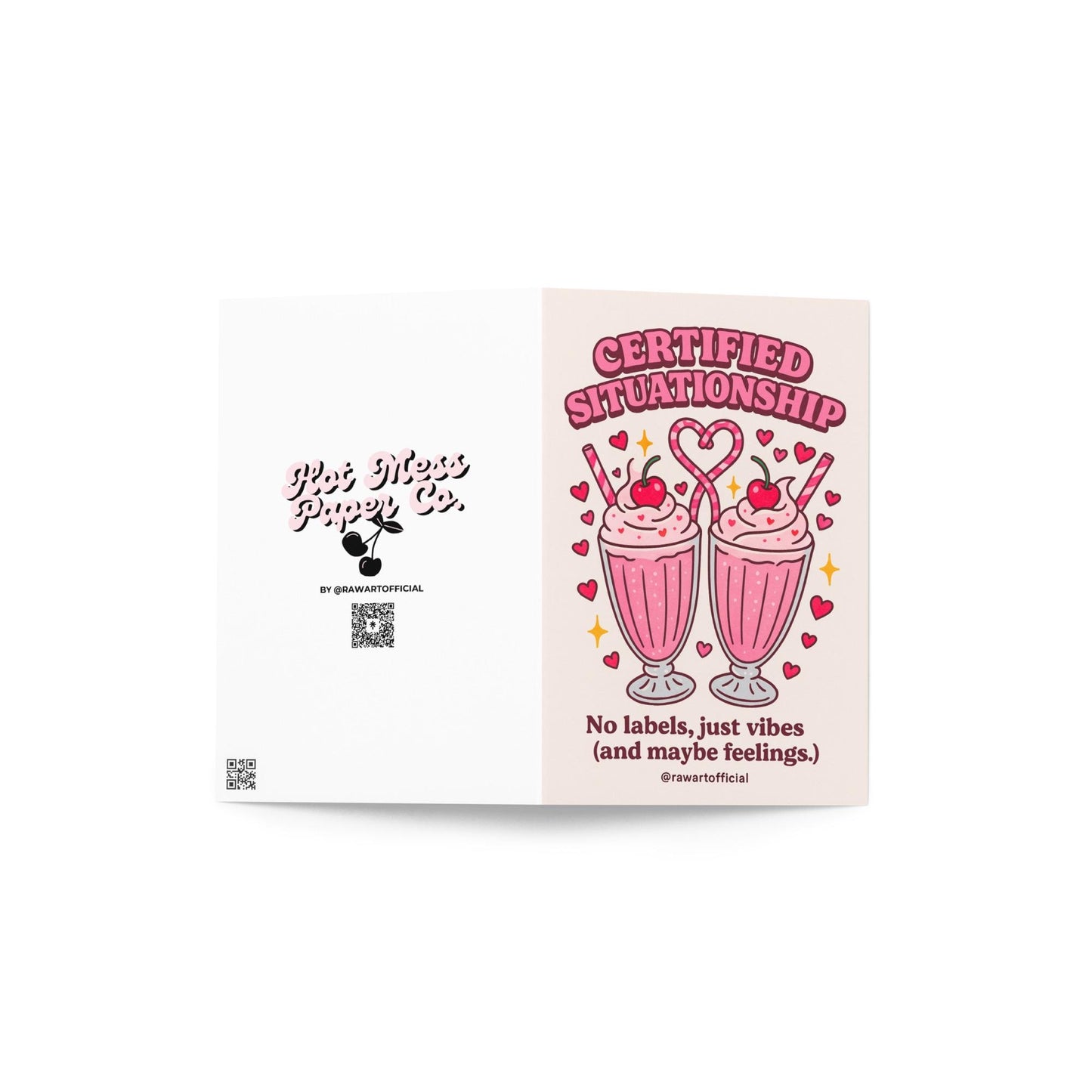 Retro Valentine card with two pink milkshakes topped with cherries and heart straws, captioned “Certified Situationship – No labels, just vibes.”