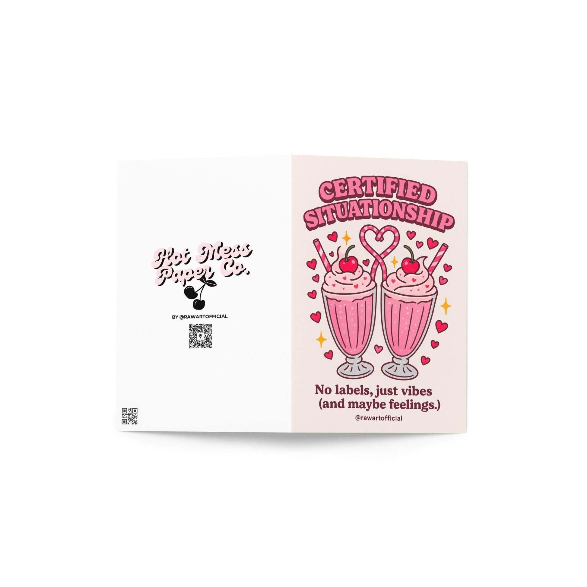 Retro Valentine card with two pink milkshakes topped with cherries and heart straws, captioned “Certified Situationship – No labels, just vibes.”