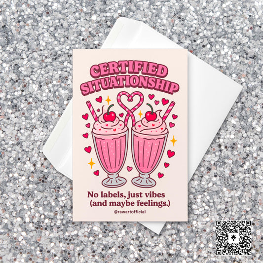 Retro Valentine card with two pink milkshakes topped with cherries and heart straws, captioned “Certified Situationship – No labels, just vibes.”