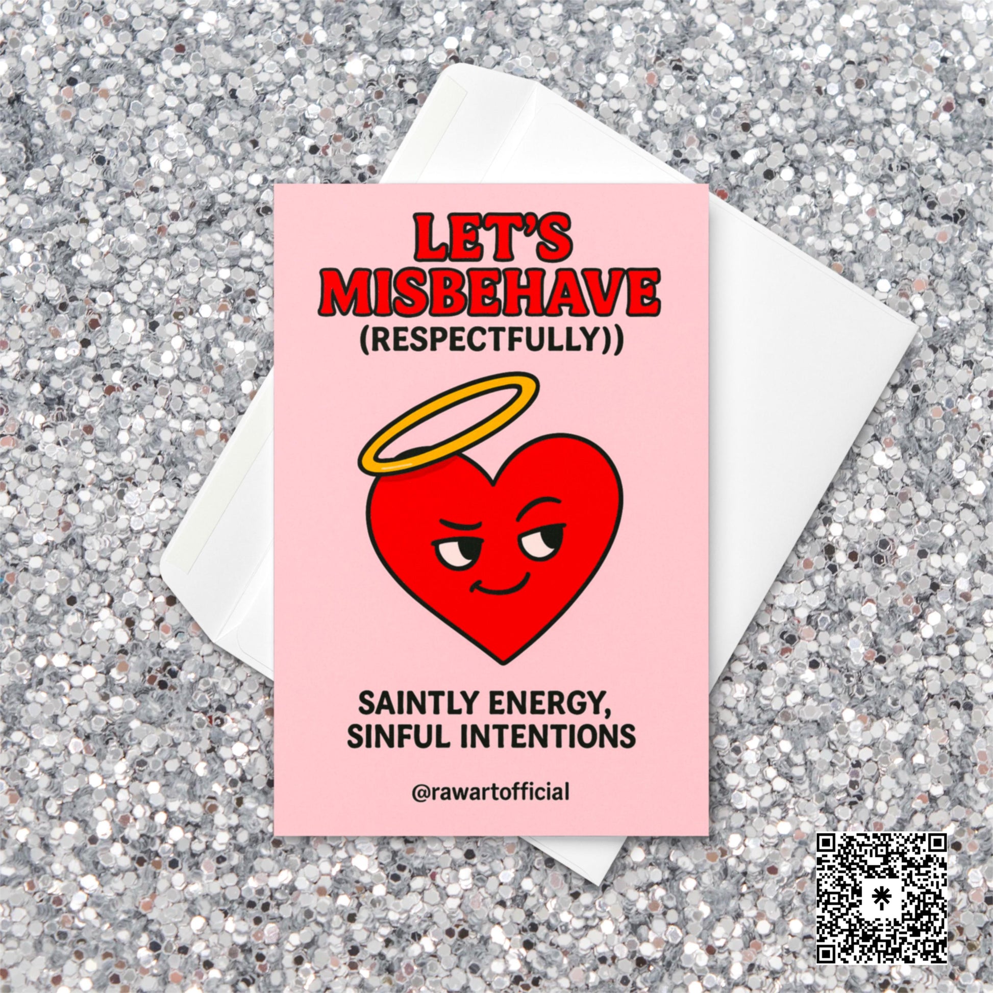 Retro Valentine card with a red cartoon heart wearing a halo, captioned “Let’s Misbehave (Respectfully) – Saintly energy, sinful intentions.”
