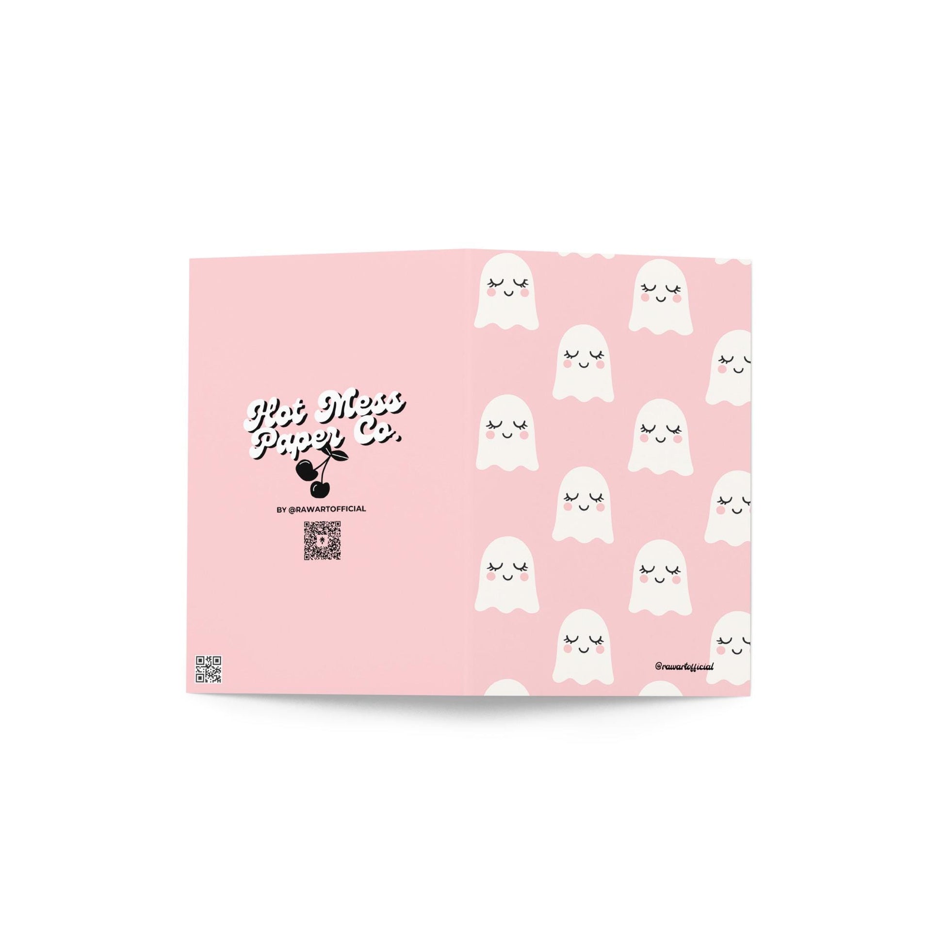 Pink greeting card with repeating white smiling ghosts featuring rosy cheeks and sleepy eyes in kawaii pastel style.
