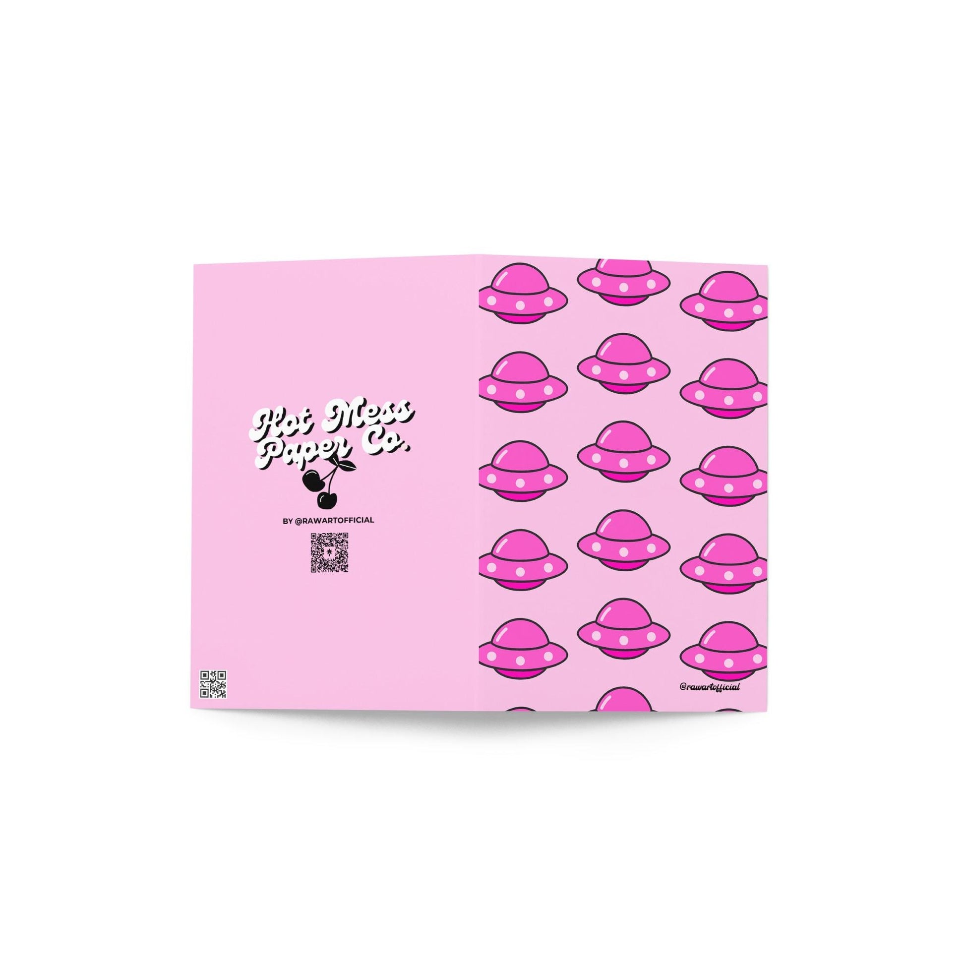 Pink greeting card with repeating bright pink UFO spaceship pattern in Y2K pop-art style.
