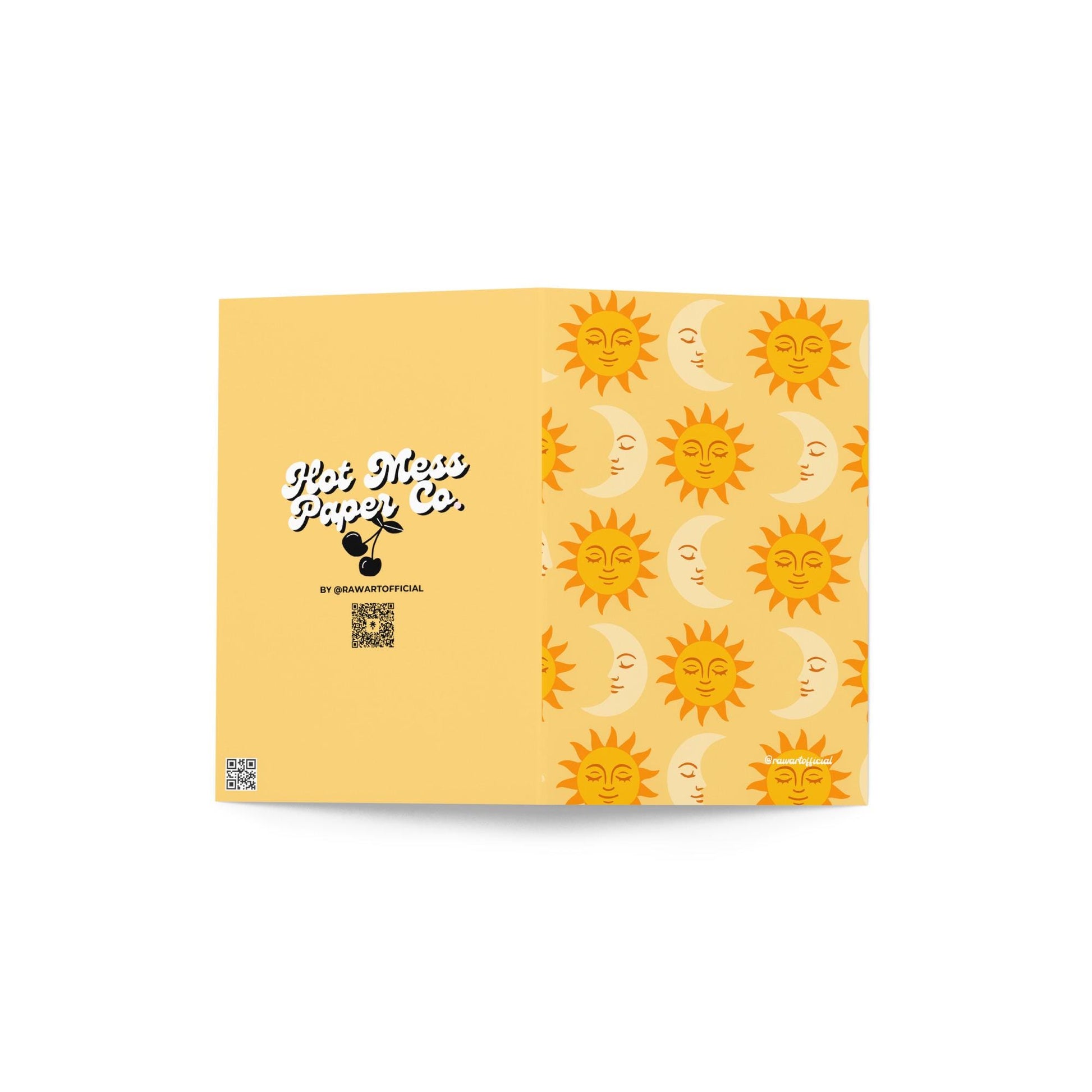 Golden yellow greeting card with repeating orange sun and cream moon pattern in retro celestial style.
