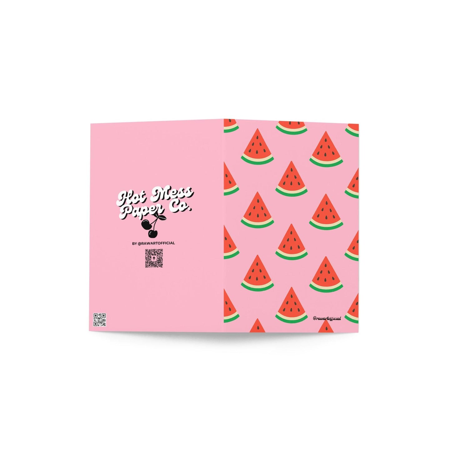 Pink greeting card with repeating watermelon slice pattern in bold retro Y2K style.