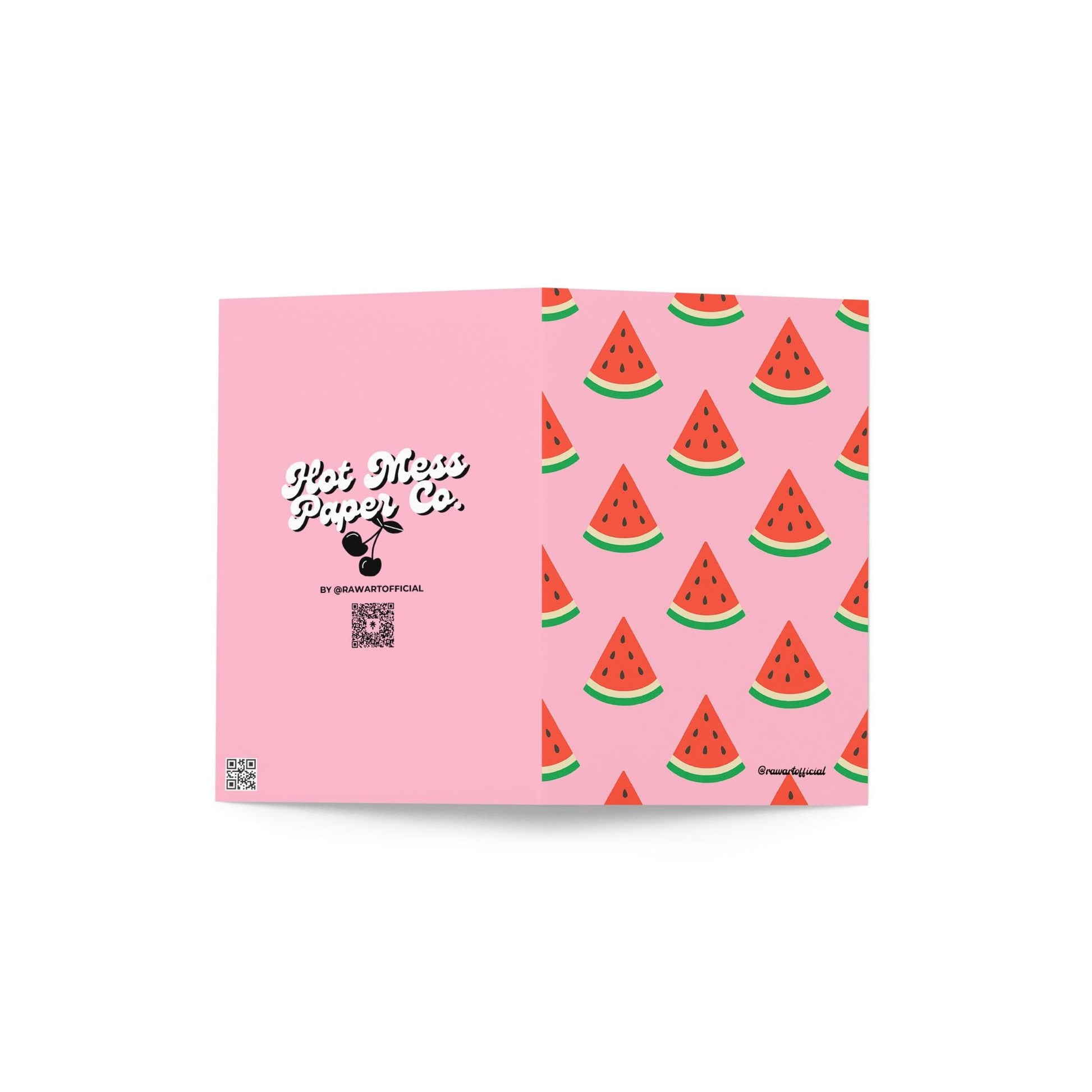 Pink greeting card with repeating watermelon slice pattern in bold retro Y2K style.