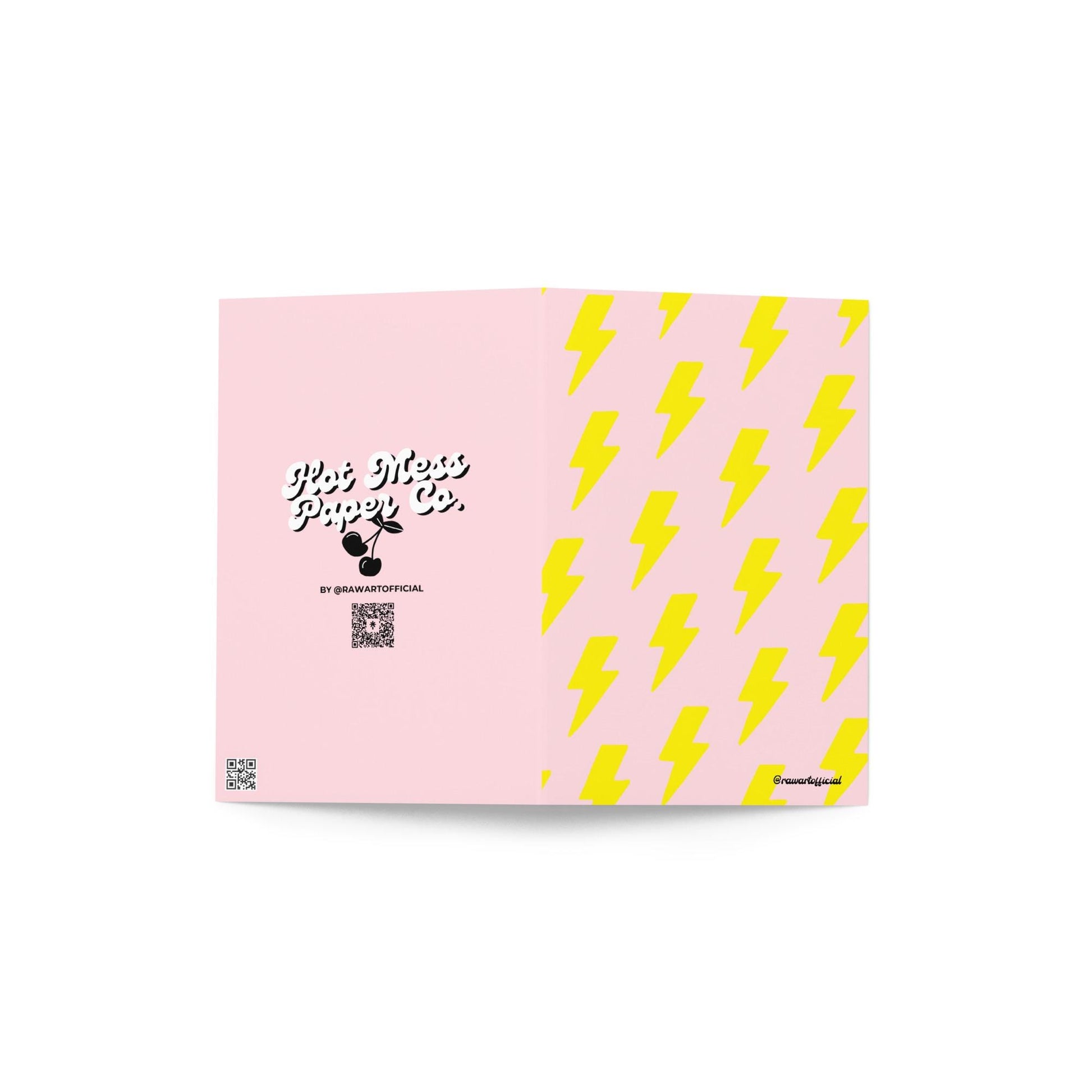Pink greeting card with repeating yellow lightning bolt pattern in bold Y2K retro style.