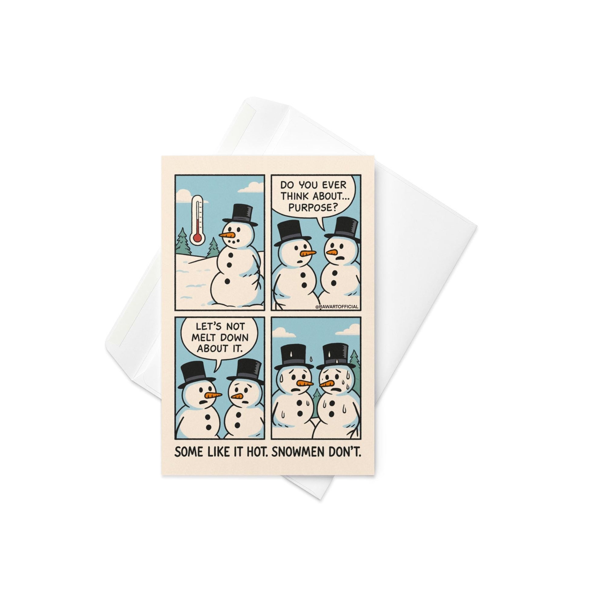 Funny retro Christmas card featuring two cartoon snowmen having a deep conversation about purpose, ending with the punchline “Some like it hot. Snowmen don’t.” on a beige background with blue skies and snow.