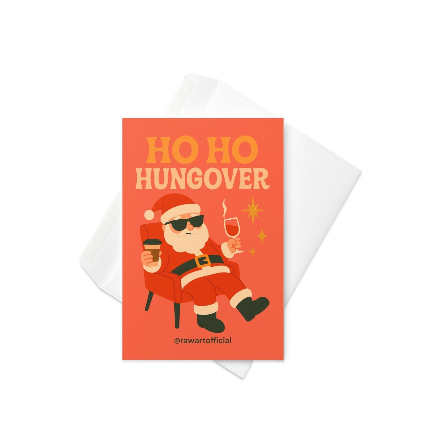 Retro Christmas card with a cool Santa wearing sunglasses, holding coffee and wine while relaxing in a red chair, with text reading “Ho Ho Hungover” on an orange background.