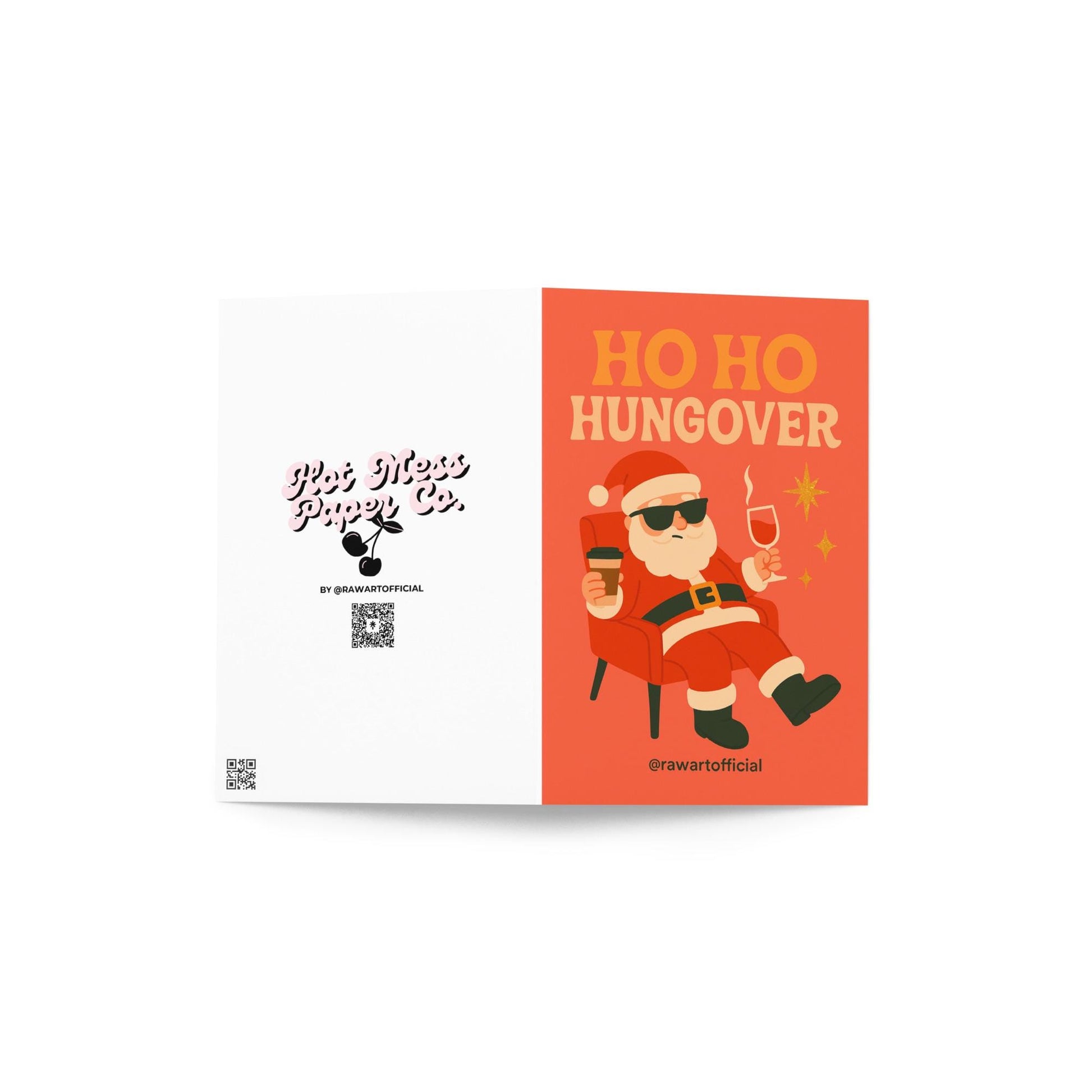 Retro Christmas card with a cool Santa wearing sunglasses, holding coffee and wine while relaxing in a red chair, with text reading “Ho Ho Hungover” on an orange background.