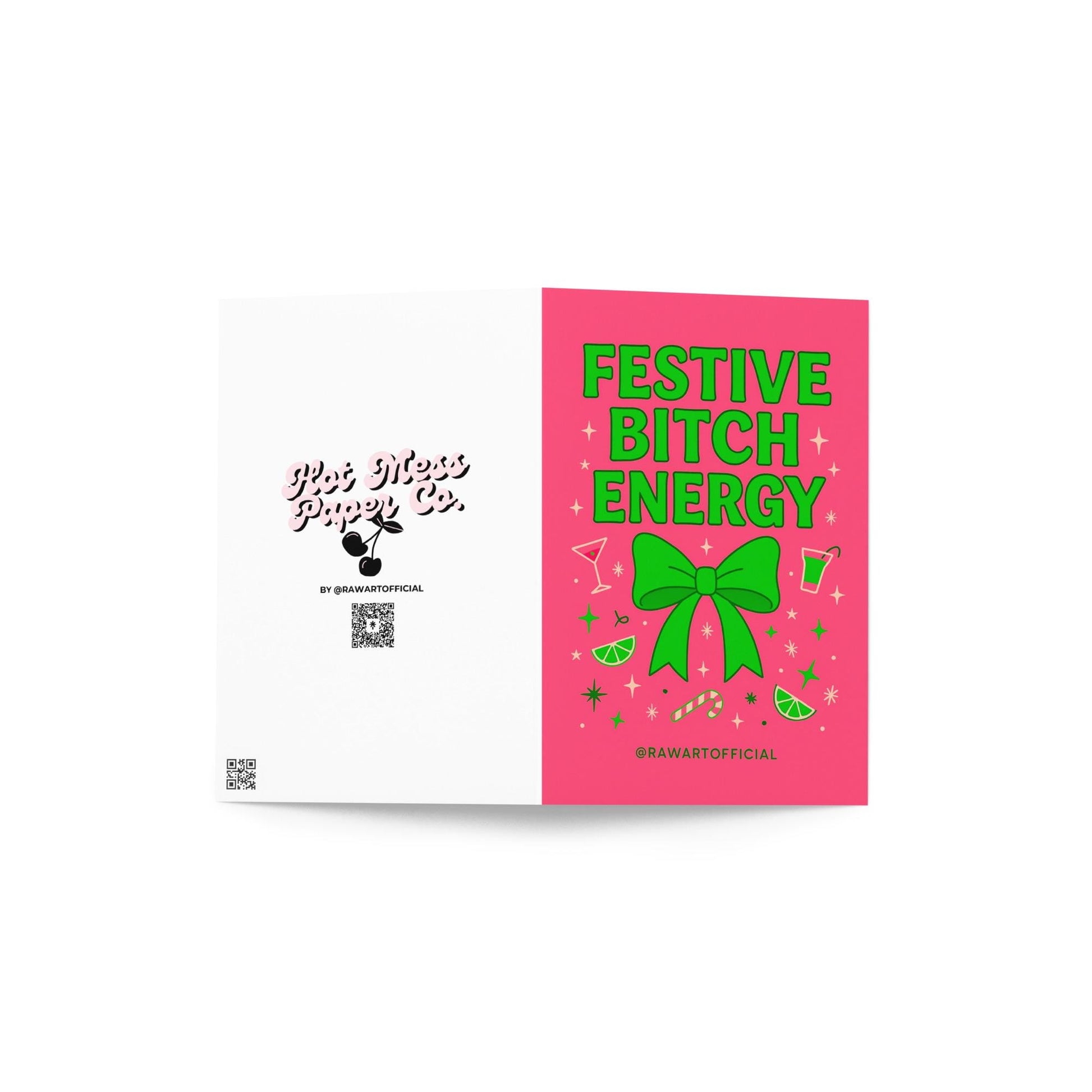 Bright pink Christmas card with large green bow surrounded by limes, candy canes, and martini glasses. Text reads “Festive Bitch Energy” with playful retro holiday vibes.