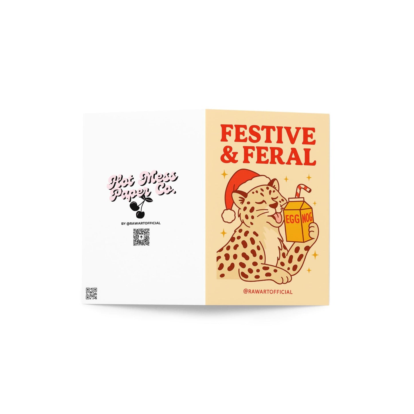 Retro Christmas card featuring a smiling leopard in a Santa hat drinking eggnog from a carton with a red straw on a warm beige background, surrounded by golden stars.