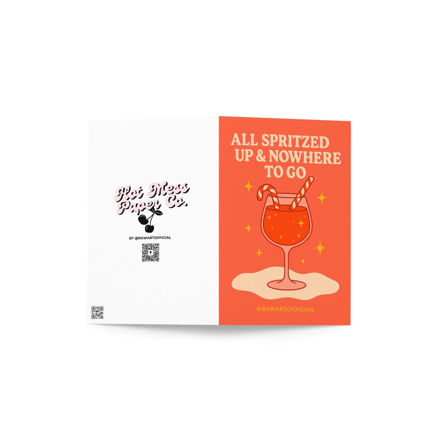 Retro orange Christmas card featuring a glass of spritz with two candy cane straws and sparkly golden stars, with the phrase “All Spritzed Up & Nowhere to Go” in cream-colored text.