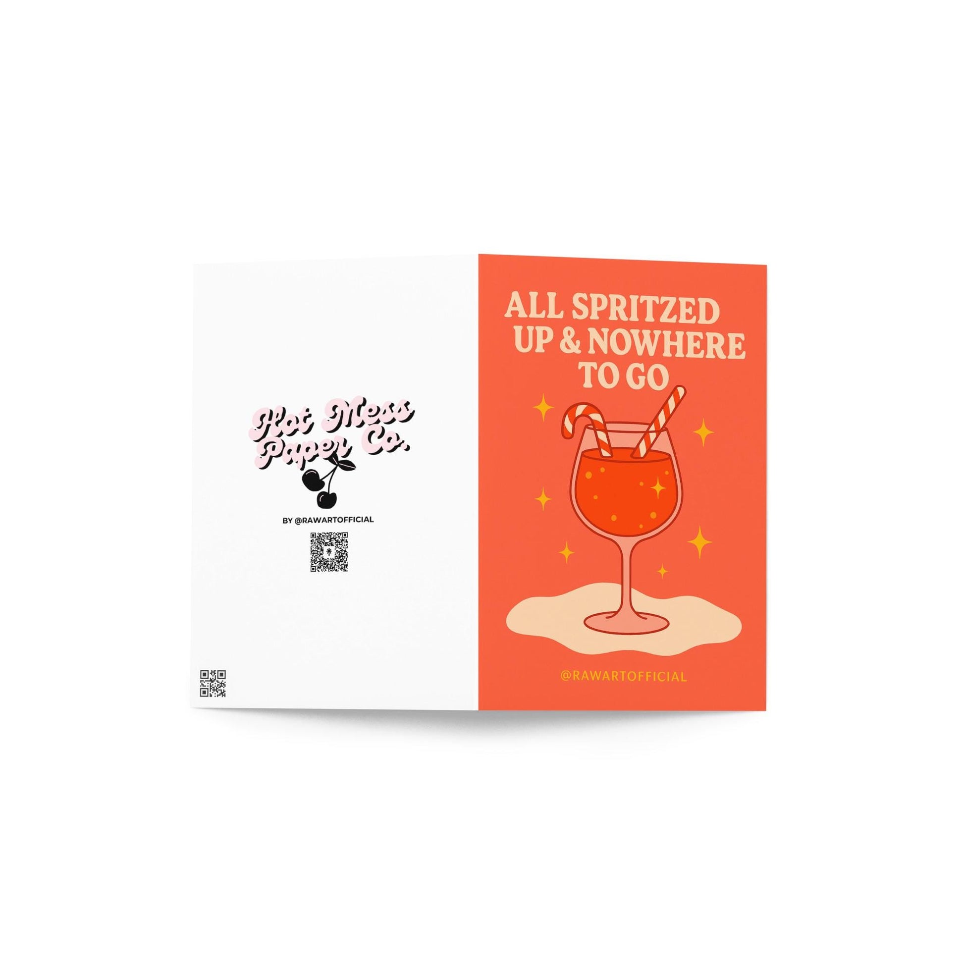 Retro orange Christmas card featuring a glass of spritz with two candy cane straws and sparkly golden stars, with the phrase “All Spritzed Up & Nowhere to Go” in cream-colored text.