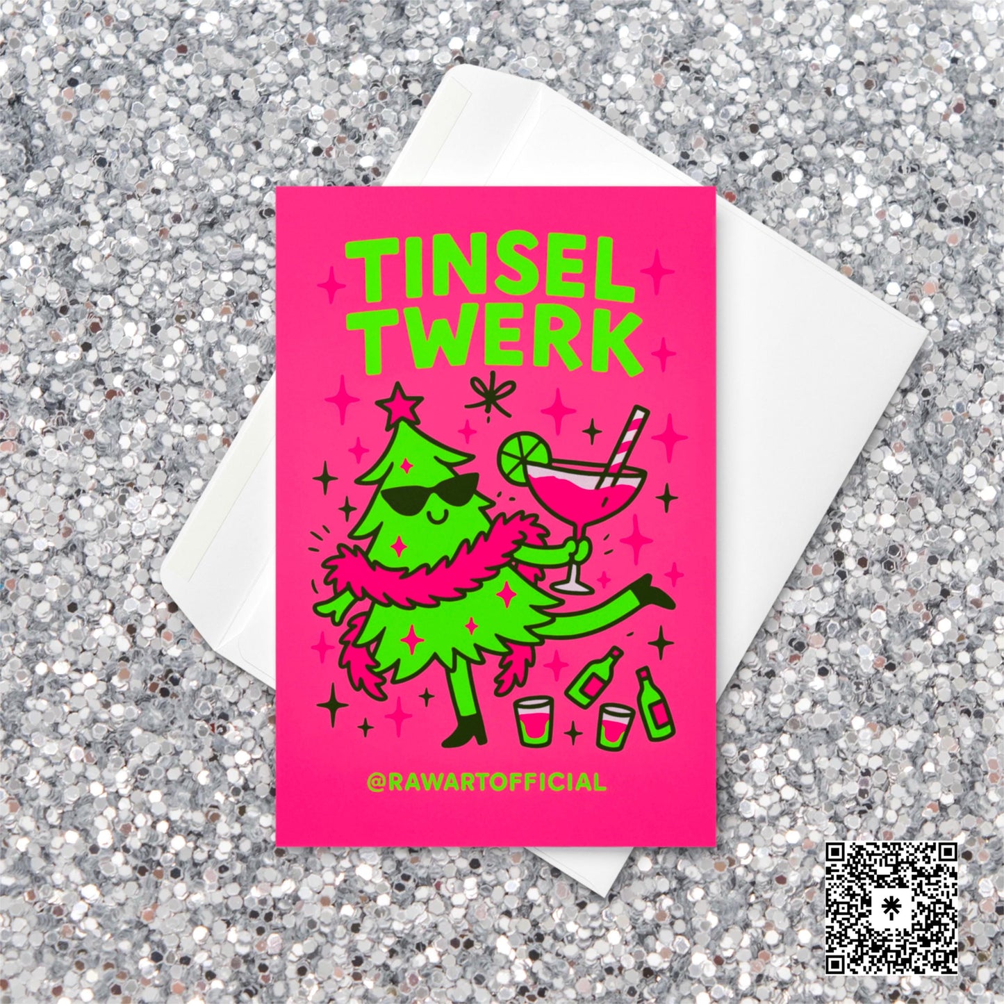 Illustration of a neon green Christmas tree wearing sunglasses and a pink boa, holding a margarita and dancing with bottles around — festive funny holiday card.