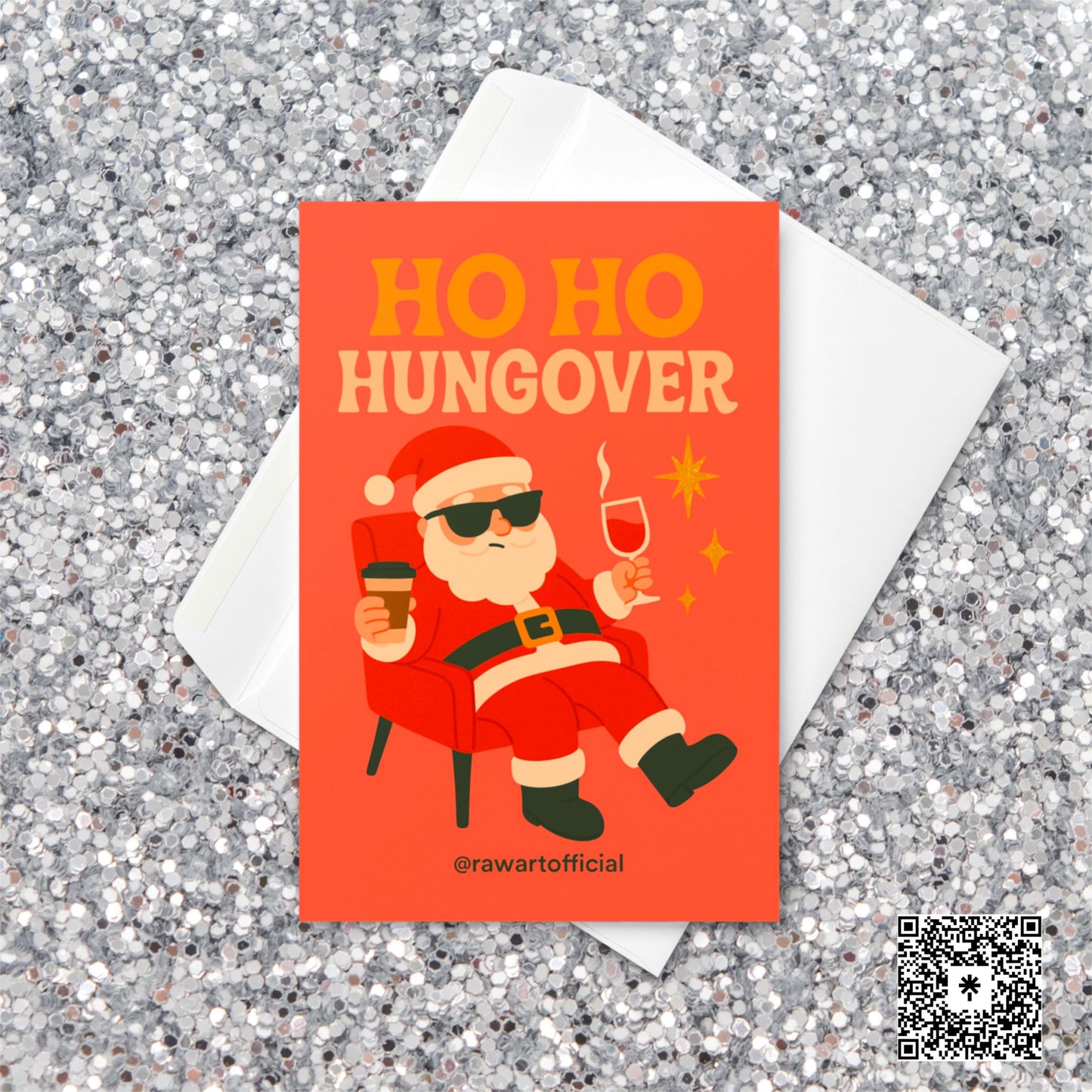 Retro Christmas card with a cool Santa wearing sunglasses, holding coffee and wine while relaxing in a red chair, with text reading “Ho Ho Hungover” on an orange background.
