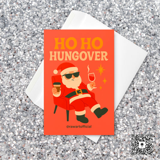 Retro Christmas card with a cool Santa wearing sunglasses, holding coffee and wine while relaxing in a red chair, with text reading “Ho Ho Hungover” on an orange background.