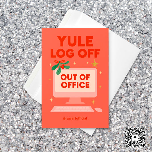 Retro coral-colored Christmas card featuring a computer with “Out of Office” on the screen, mistletoe on top, and the text “Yule Log Off” in bold red letters.