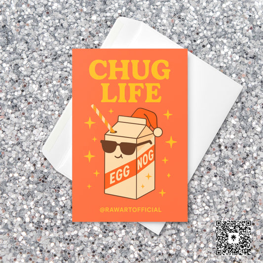 Retro orange Christmas card featuring a smiling eggnog carton wearing sunglasses and a Santa hat with the phrase “Chug Life” in bold yellow text, surrounded by sparkly gold stars.