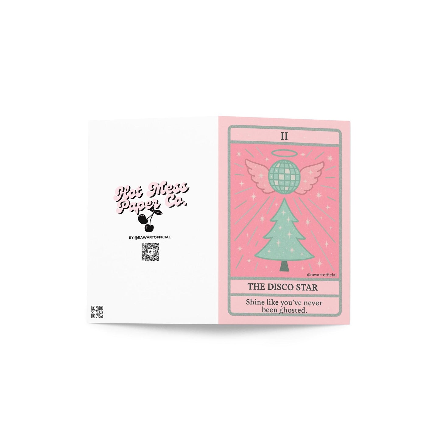Pastel pink and mint Christmas tarot-style card featuring a sparkly disco ball with angel wings above a Christmas tree, with text reading “The Disco Star – Shine like you’ve never been ghosted.”