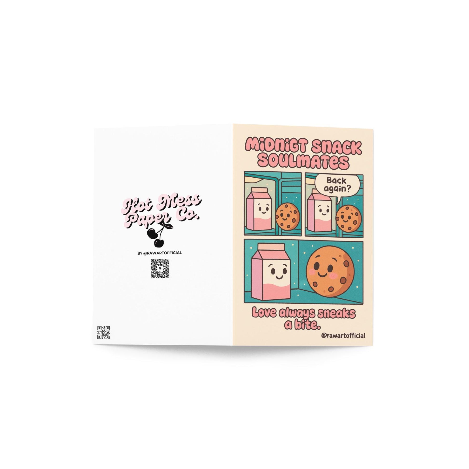 Retro comic-style card featuring a smiling pink milk carton and cookie with text “Midnight Snack Soulmates” and “Love always sneaks a bite.”