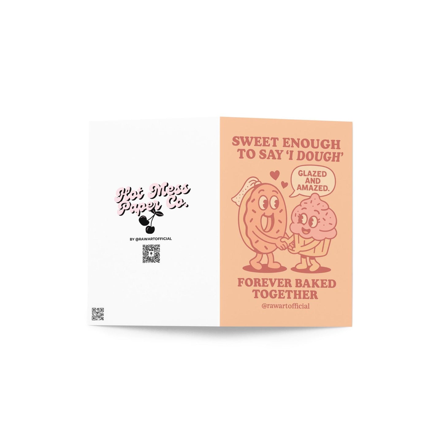 Retro peach card with cartoon donut and cupcake holding hands, text reads “Sweet Enough to Say I Dough” and “Forever Baked Together.”