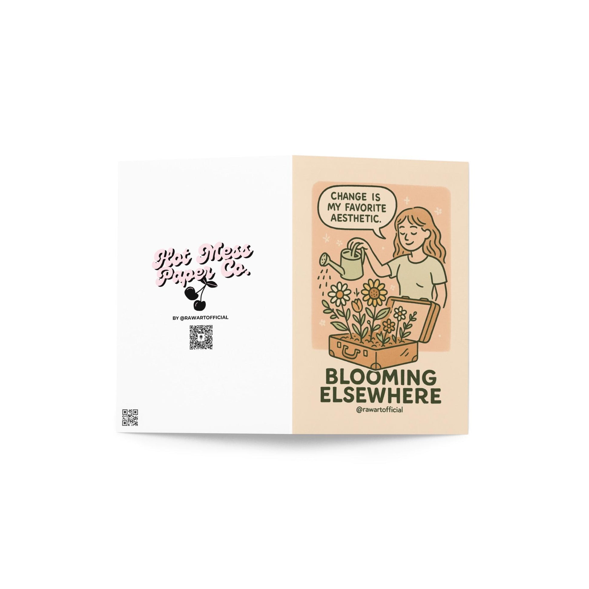 Retro beige comic card showing a girl watering flowers growing from a suitcase with quote “Change is my favorite aesthetic.”