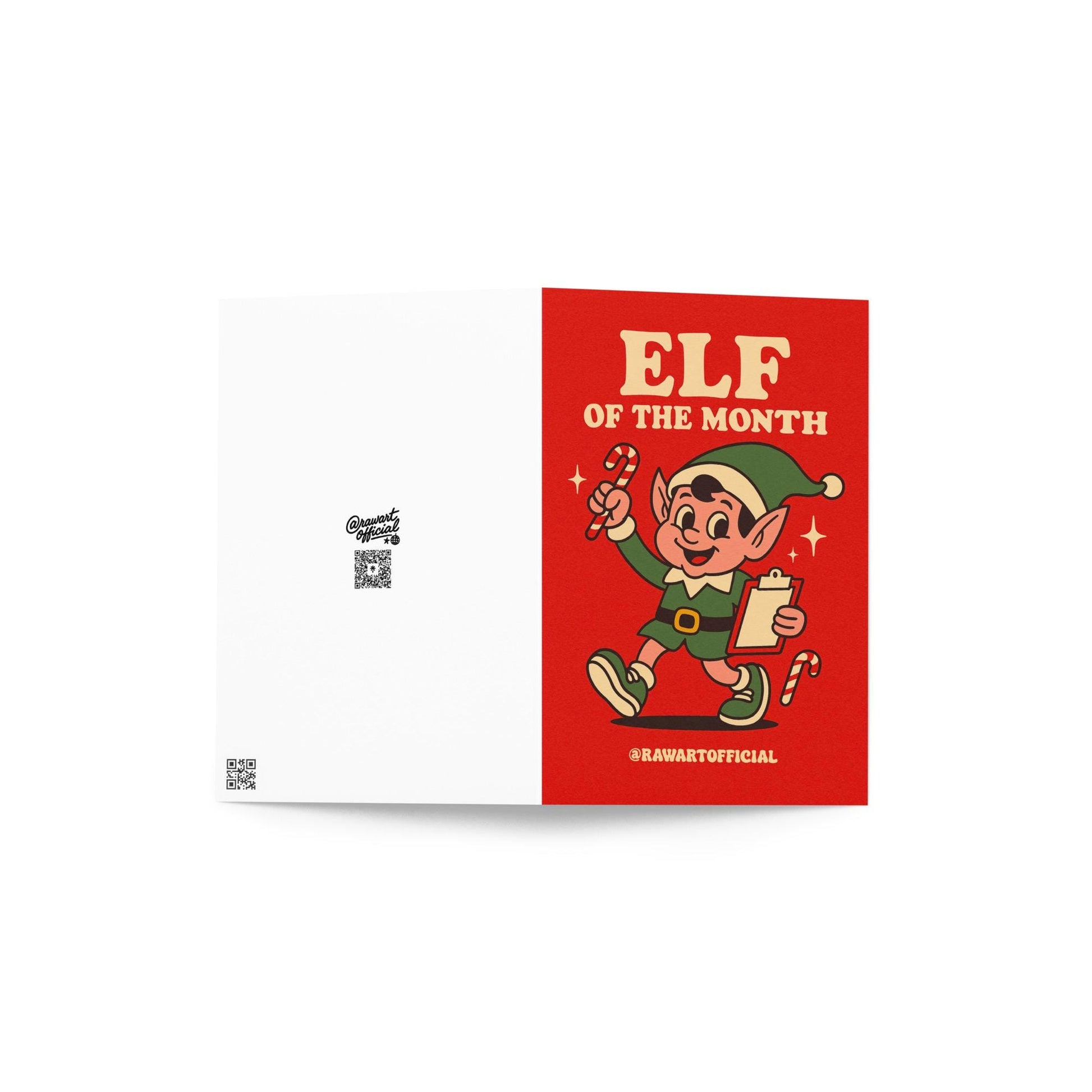 Retro red Christmas card showing a cartoon elf holding a candy cane and clipboard with the text “Elf of the Month.”