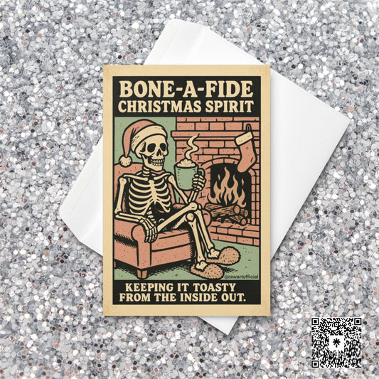 Retro beige Christmas card featuring a skeleton in slippers and Santa hat sipping cocoa by a fireplace with text “Bone-A-Fide Christmas Spirit.”