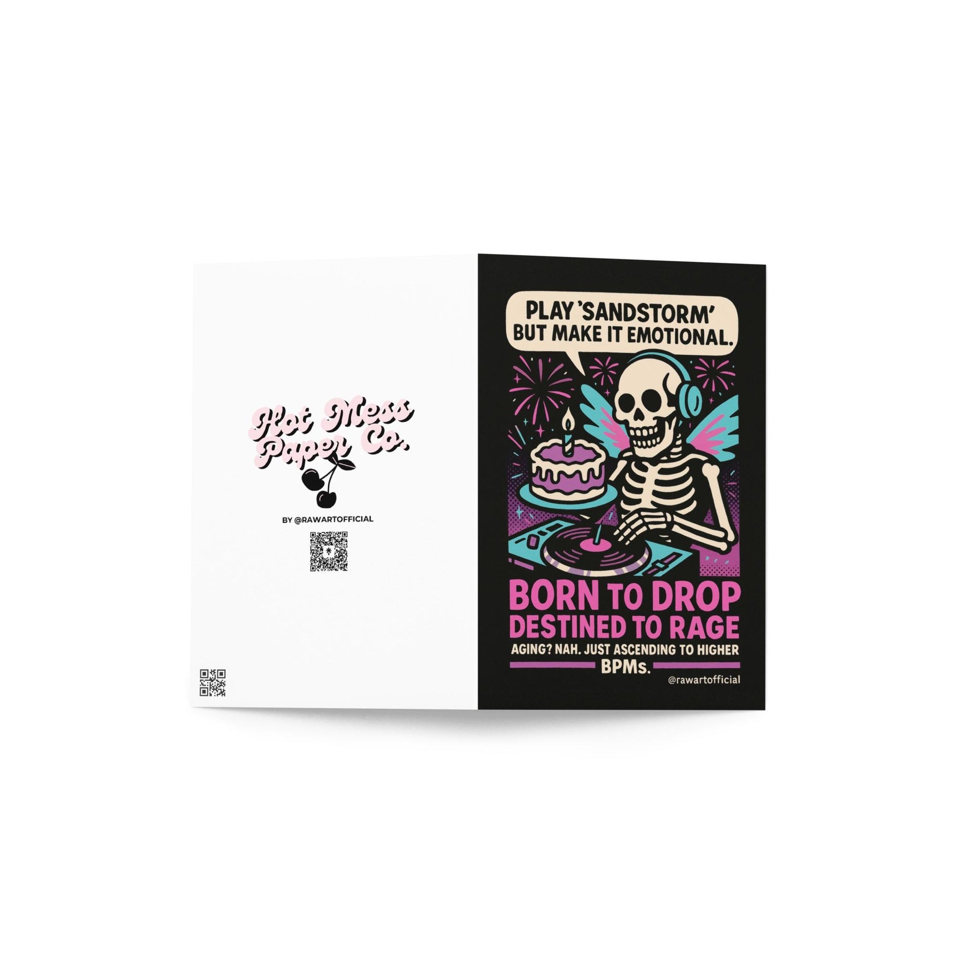 Retro neon comic card with a skeleton DJ spinning records beside a cake with text “Born to Drop, Destined to Rage.”