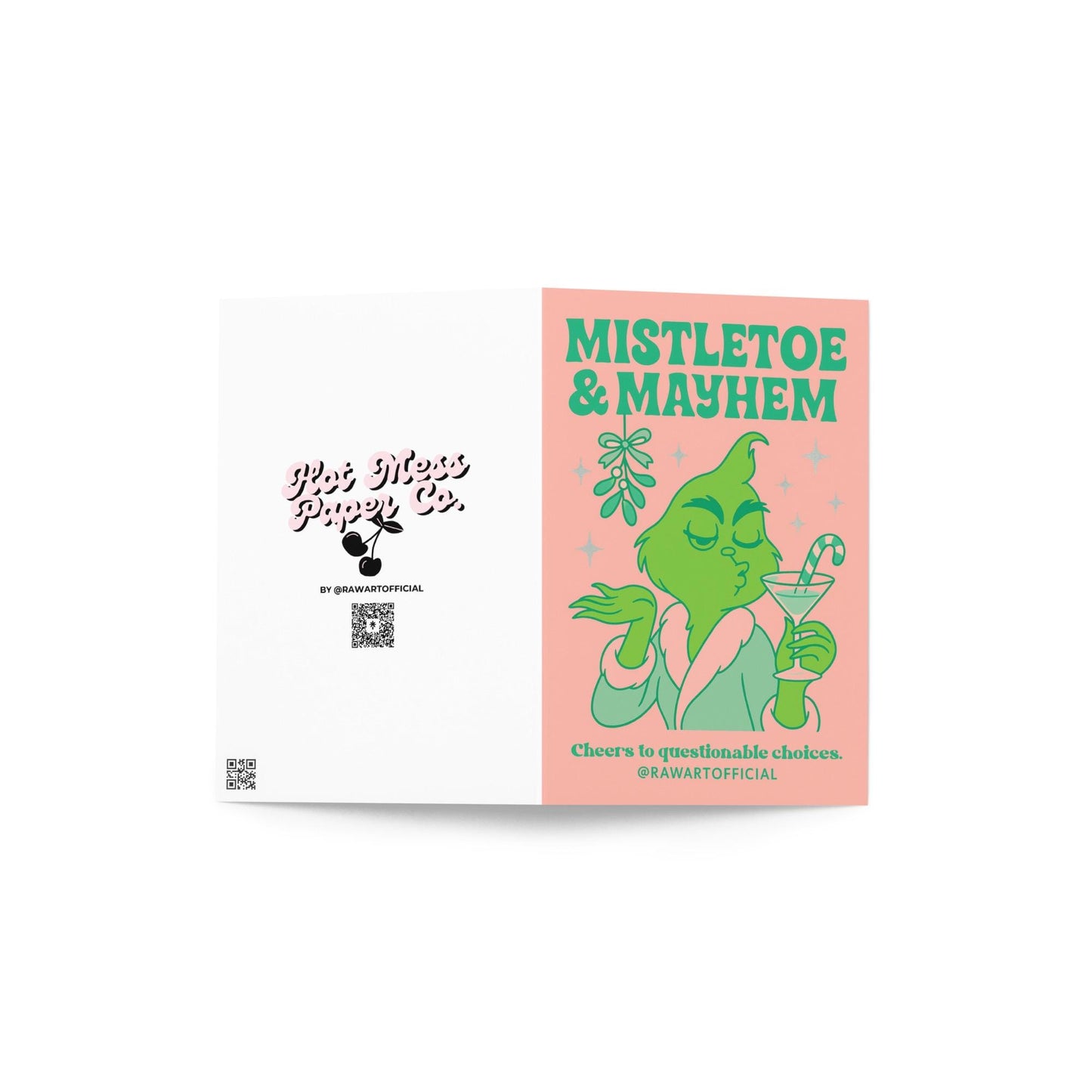 Pastel pink and mint Christmas card showing a green diva holding a candy cane martini under mistletoe with the text “Mistletoe & Mayhem – Cheers to questionable choices.”