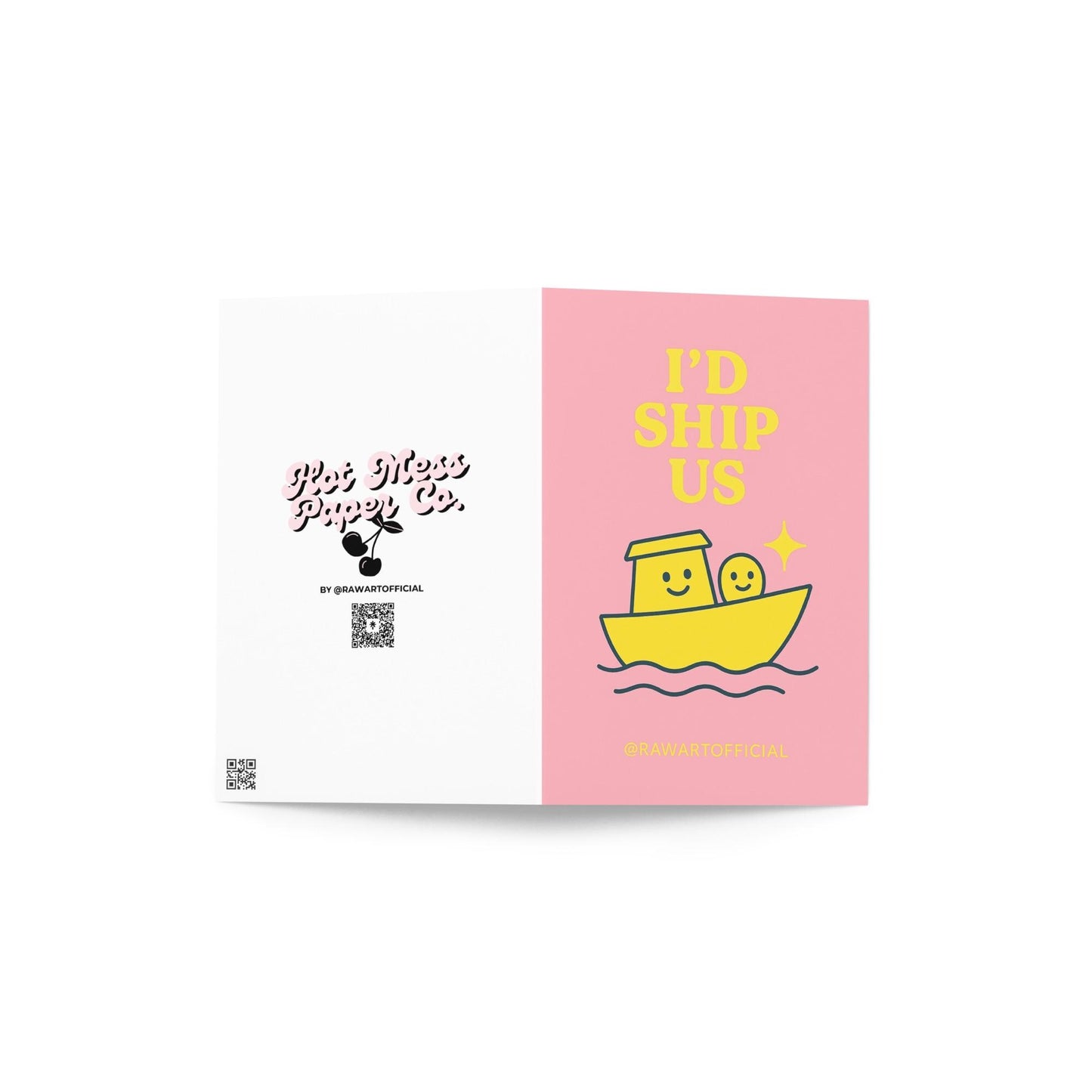 Cute yellow boat with smiling characters and text “I’d Ship Us” on a pink background.
