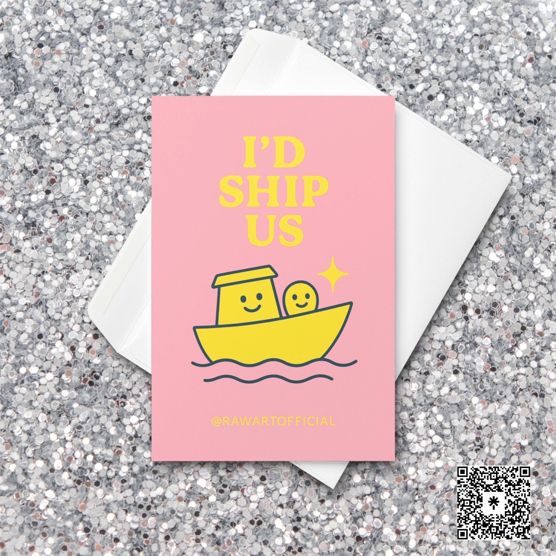Cute yellow boat with smiling characters and text “I’d Ship Us” on a pink background.