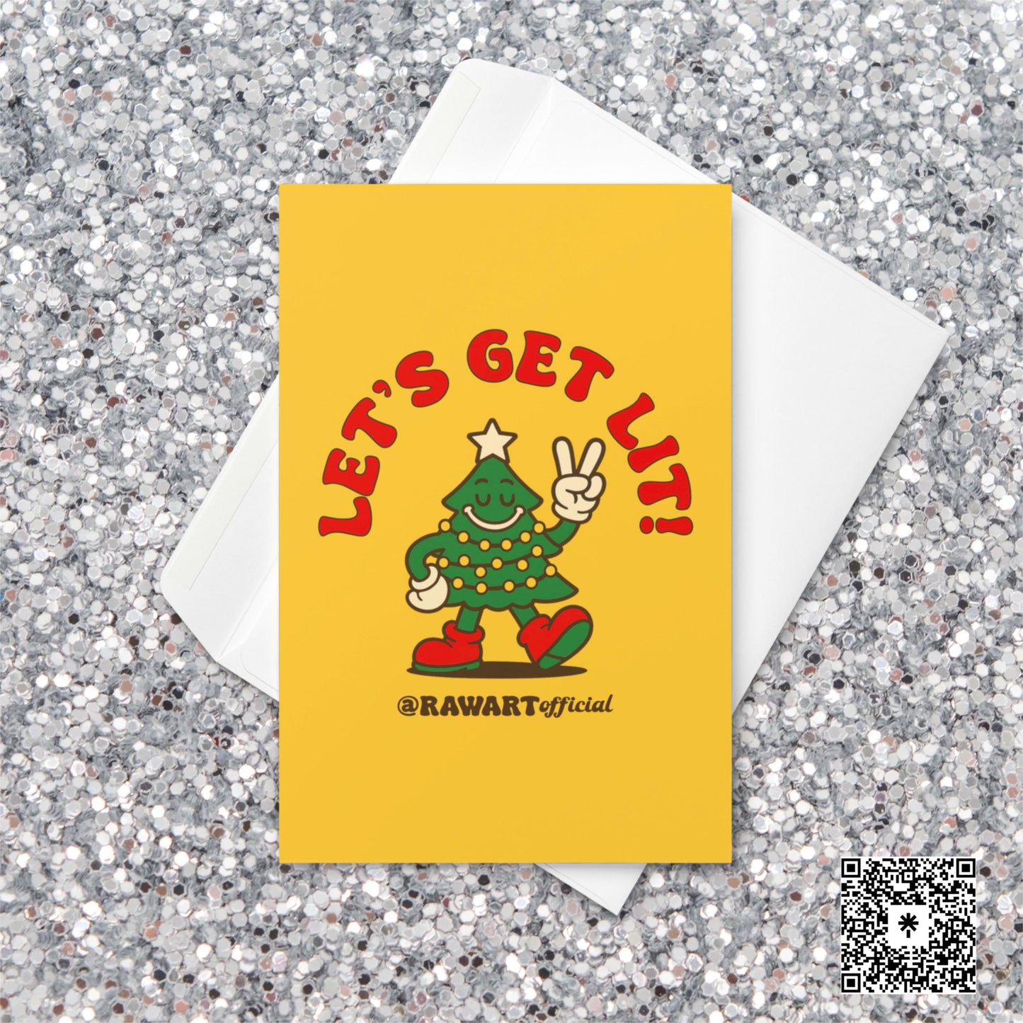 Yellow Christmas card featuring a cartoon Christmas tree covered in lights flashing a peace sign with text reading “Let’s Get Lit!”