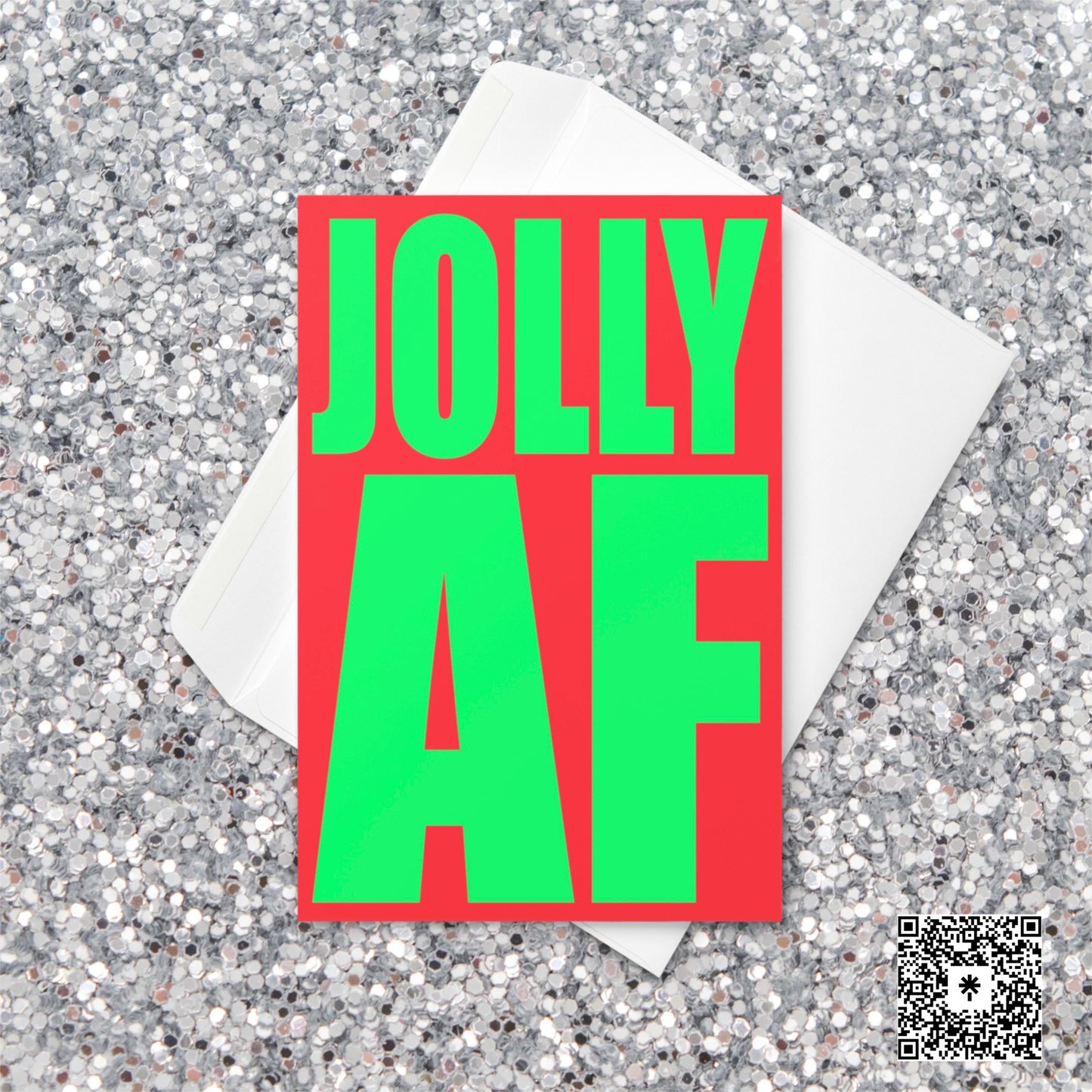 Bright red and green Christmas card with bold block text reading “Jolly AF”