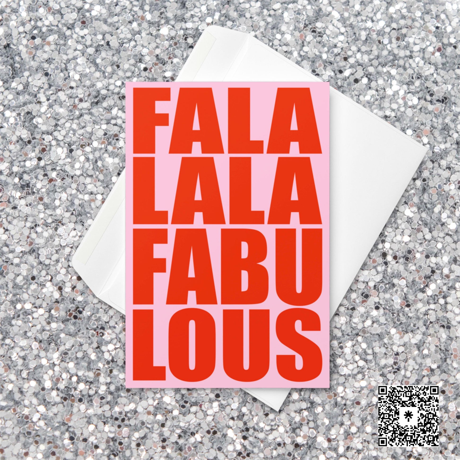 Pink and red Christmas card with bold block text reading “Fa La La La Fabulous”