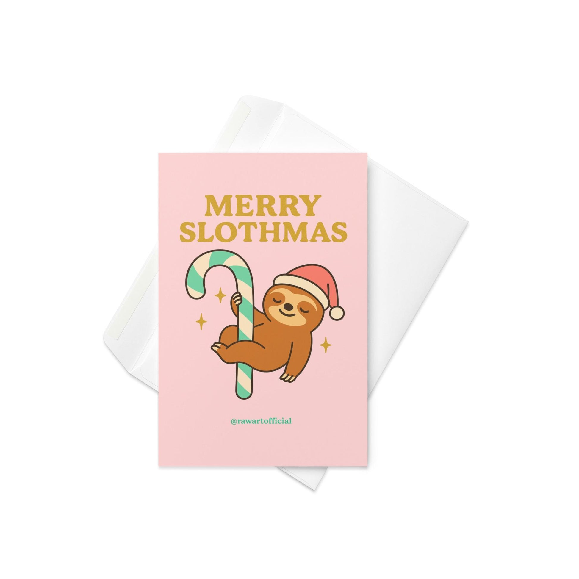 Cute sloth in a Santa hat hanging from a mint-striped candy cane with gold sparkles and “Merry Slothmas” text on a pink background.
