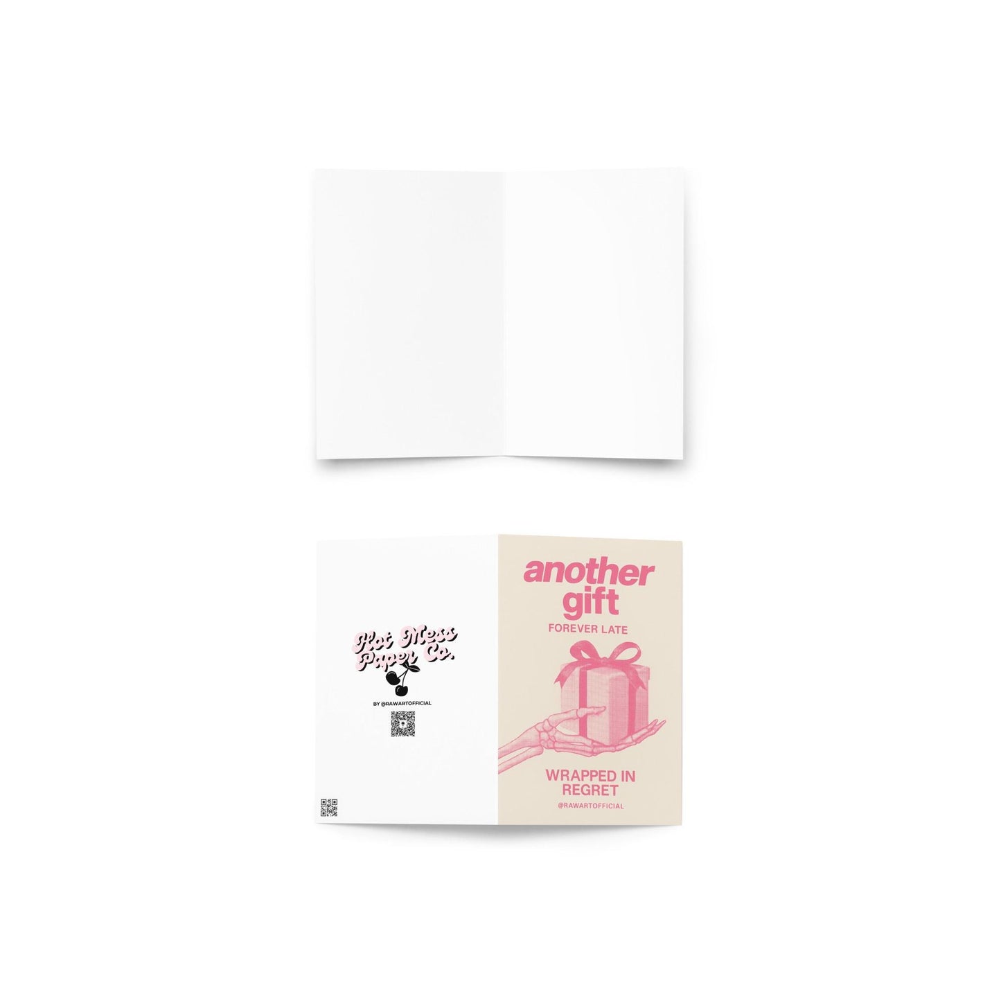 Minimalist pink Christmas card featuring a skeleton hand holding a wrapped present with text reading “Another Gift — Forever Late, Wrapped in Regret.”