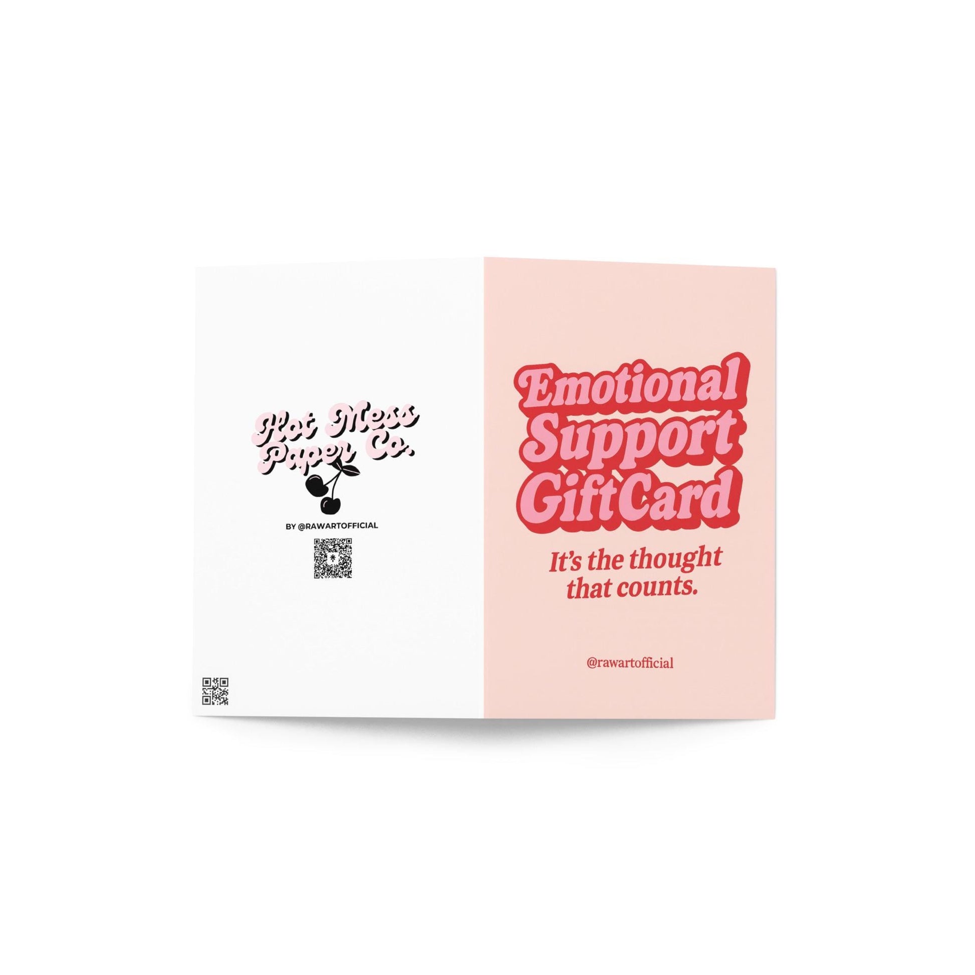 Pink and red Christmas card with bold retro text reading “Emotional Support Gift Card — It’s the thought that counts.”