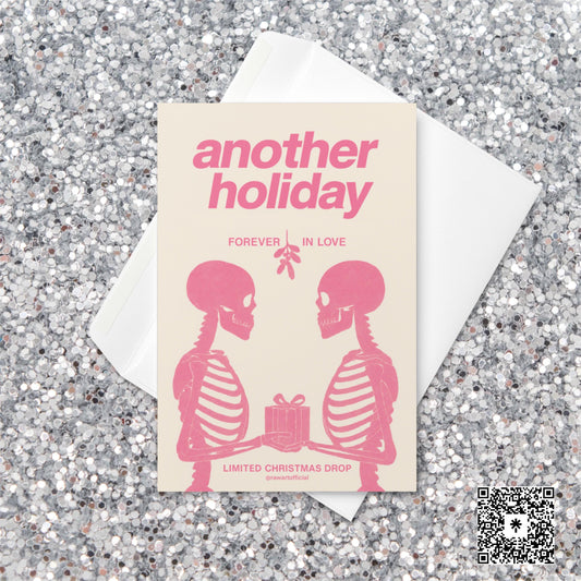 Minimalist pink Christmas card featuring two skeletons facing each other under mistletoe, holding a gift, with text reading “Another Holiday — Forever in Love.”