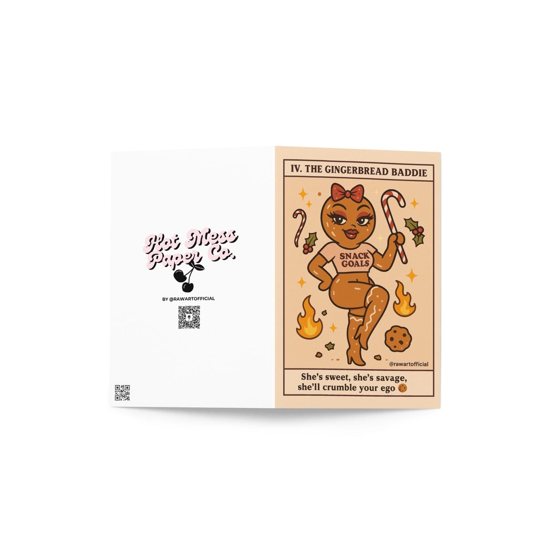 Retro tarot-style Christmas card featuring a sassy gingerbread woman in a crop top holding a candy cane with text reading “The Gingerbread Baddie — She’s sweet, she’s savage, she’ll crumble your ego.”