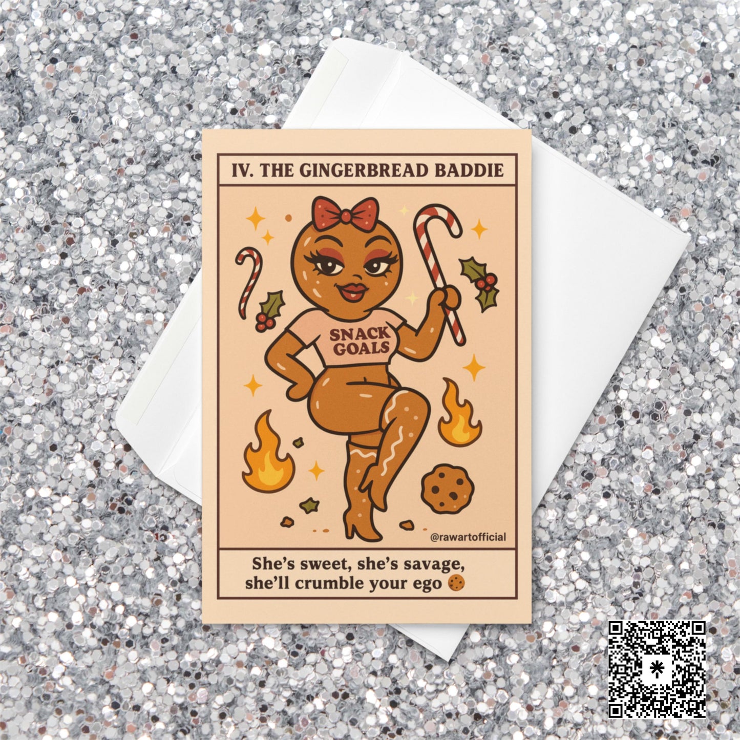 Retro tarot-style Christmas card featuring a sassy gingerbread woman in a crop top holding a candy cane with text reading “The Gingerbread Baddie — She’s sweet, she’s savage, she’ll crumble your ego.”