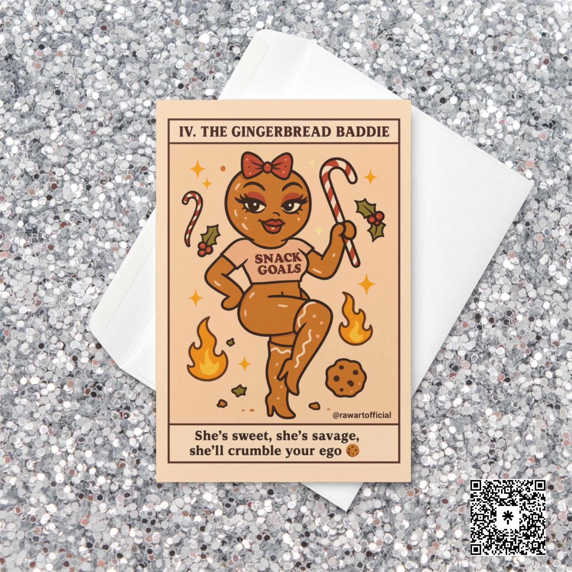 Retro tarot-style Christmas card featuring a sassy gingerbread woman in a crop top holding a candy cane with text reading “The Gingerbread Baddie — She’s sweet, she’s savage, she’ll crumble your ego.”