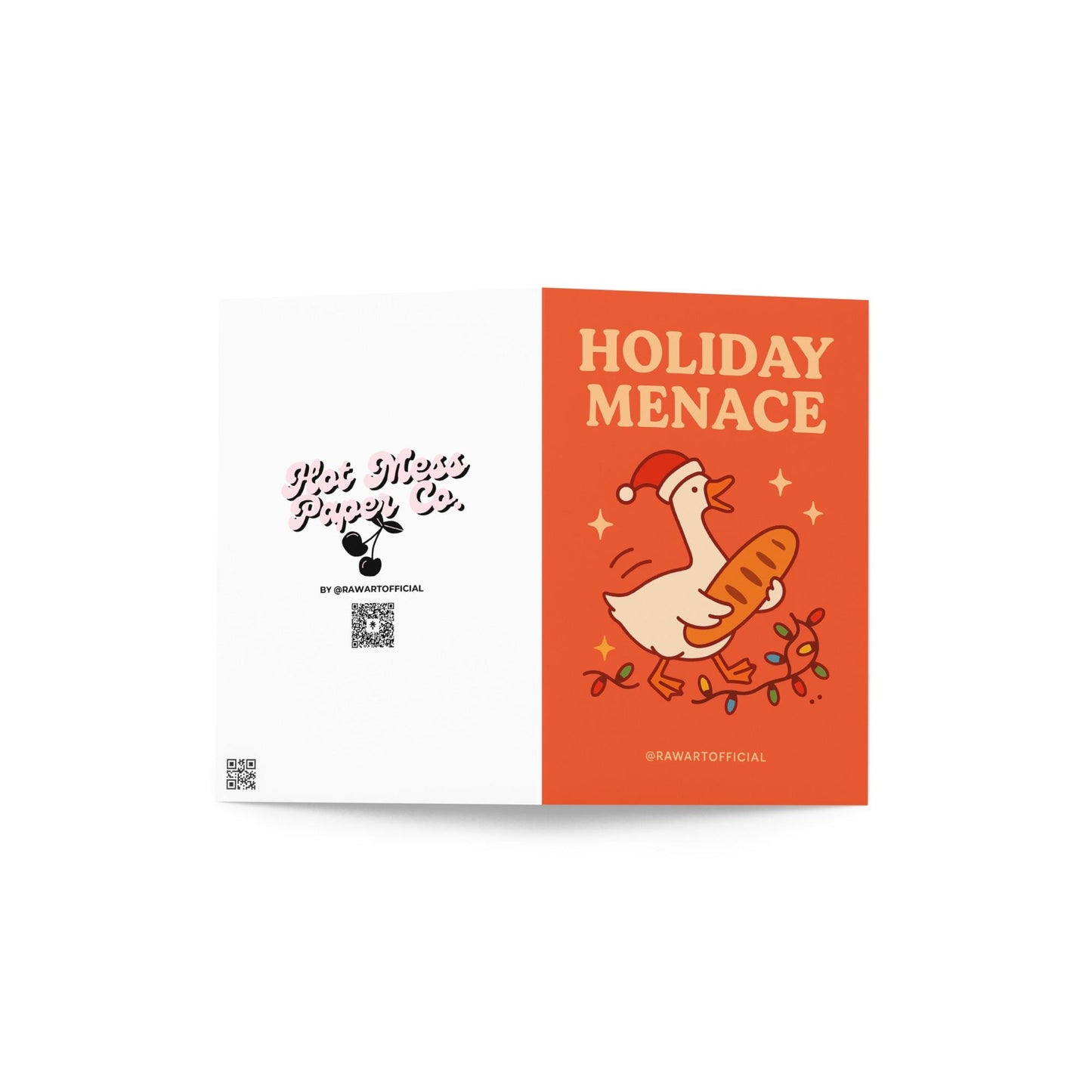 Cute goose in Santa hat holding bread with lights and sparkles on orange background, funny Xmas card