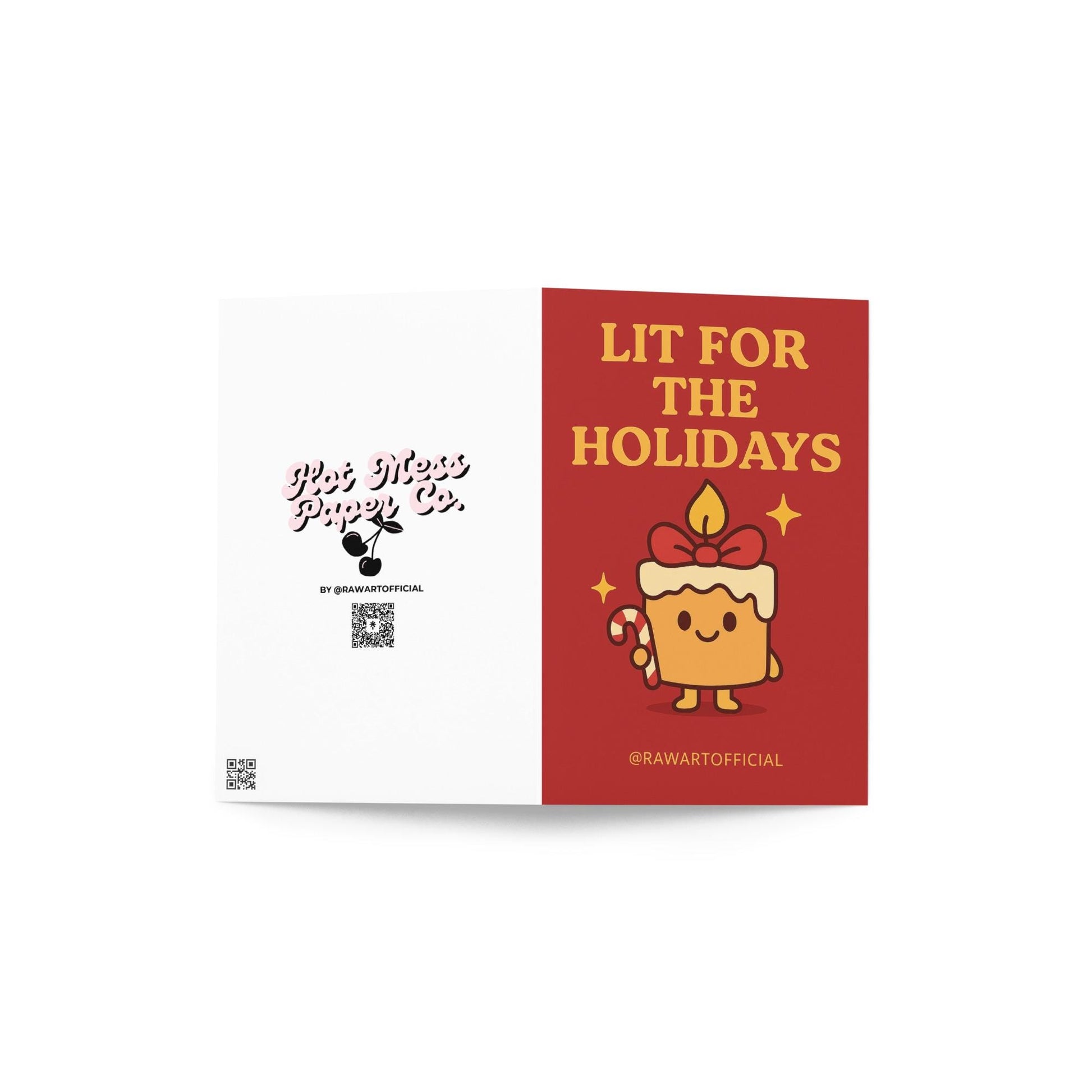 Cute smiling candle with flame and bow holding candy cane under text “Lit for the Holidays.”