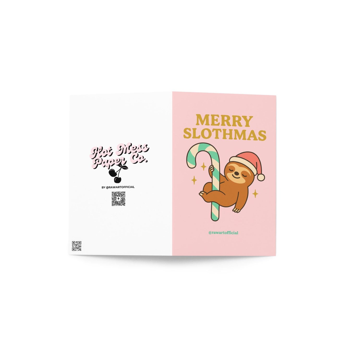 Cute sloth in a Santa hat hanging from a mint-striped candy cane with gold sparkles and “Merry Slothmas” text on a pink background.